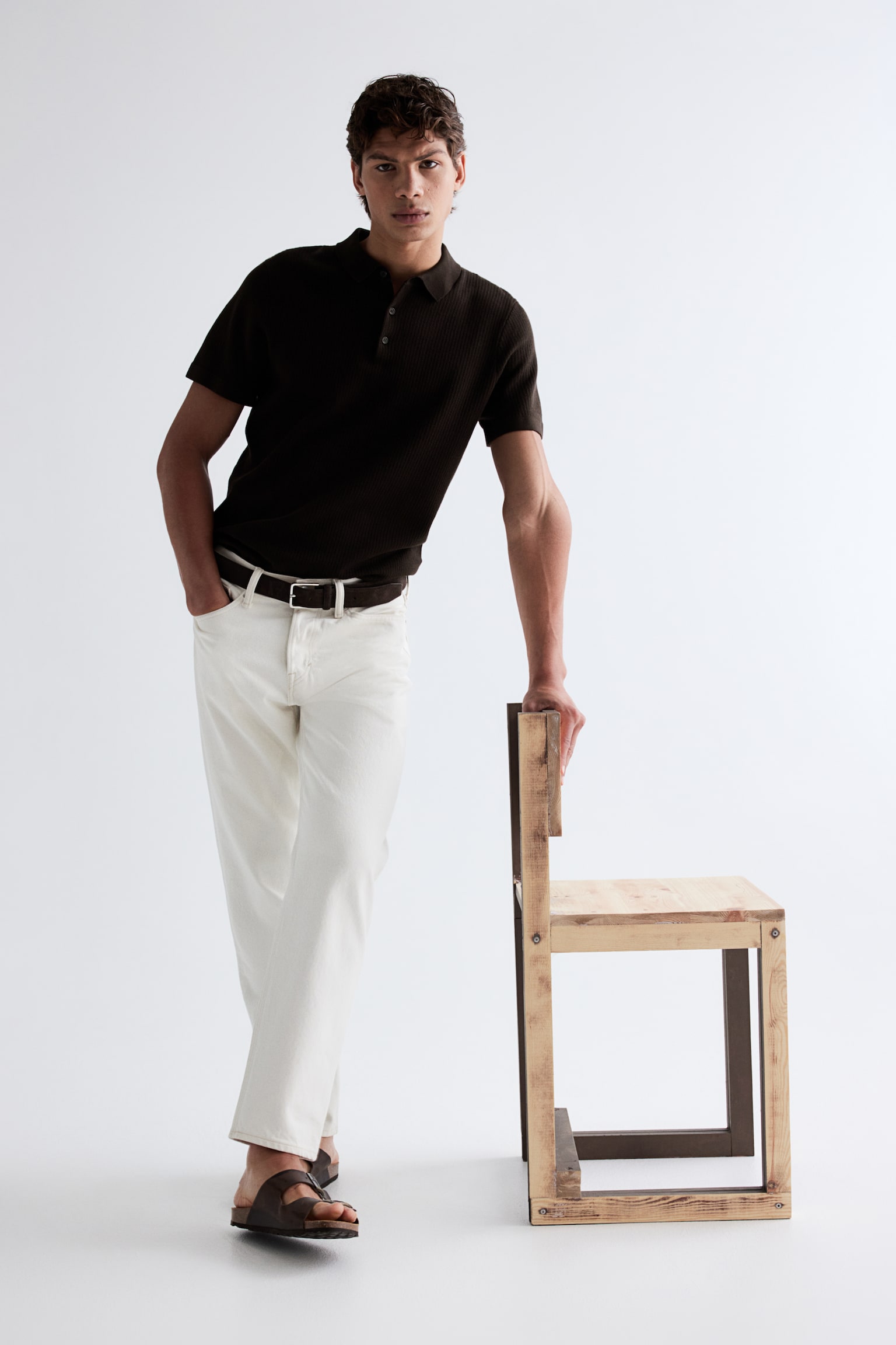 Slim Fit Textured Polo Shirt - Dark brown/Navy blue/Cream - 1