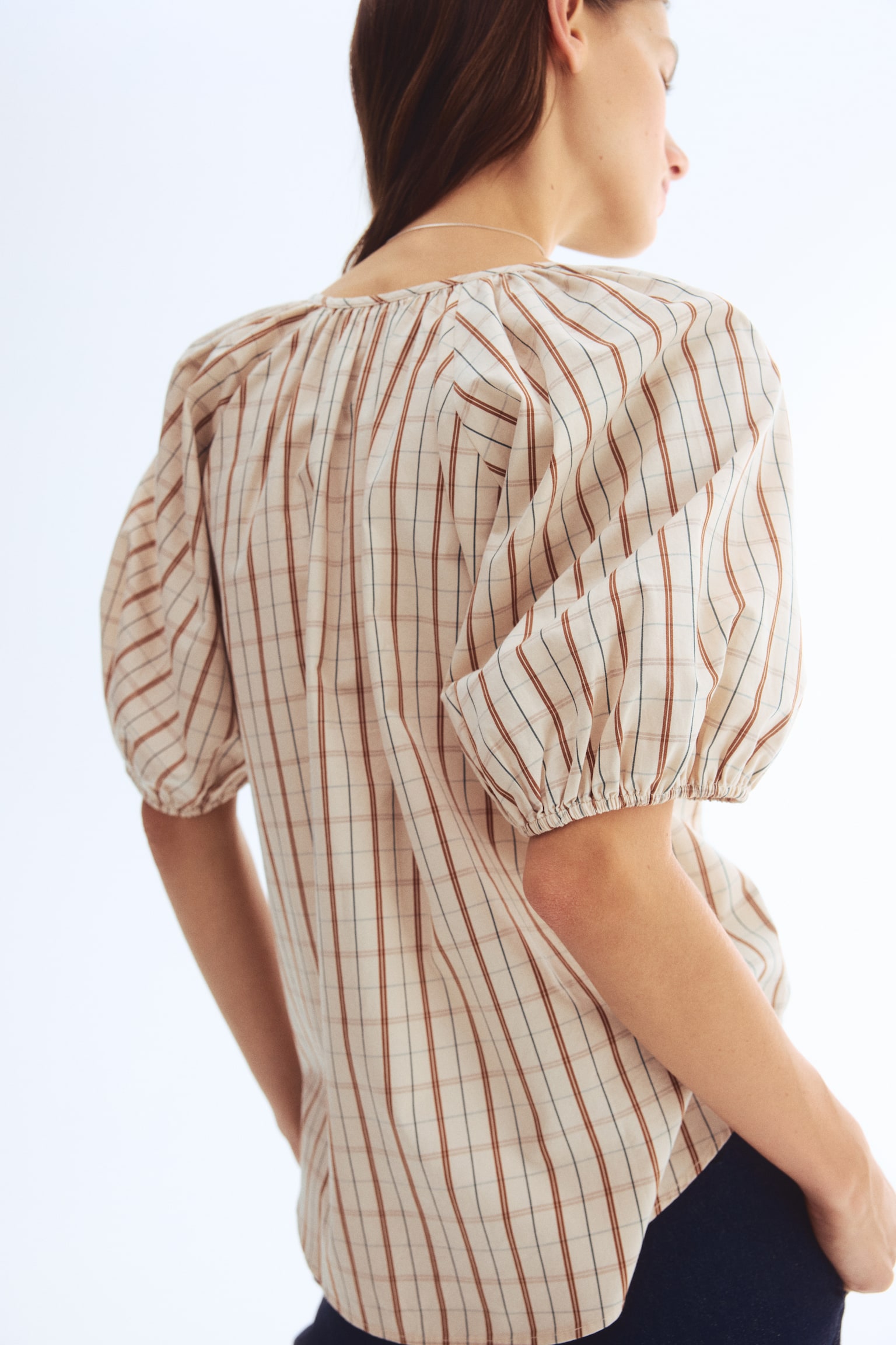 Puff-sleeved cotton blouse - Light beige/Checked/Dark brown - 4