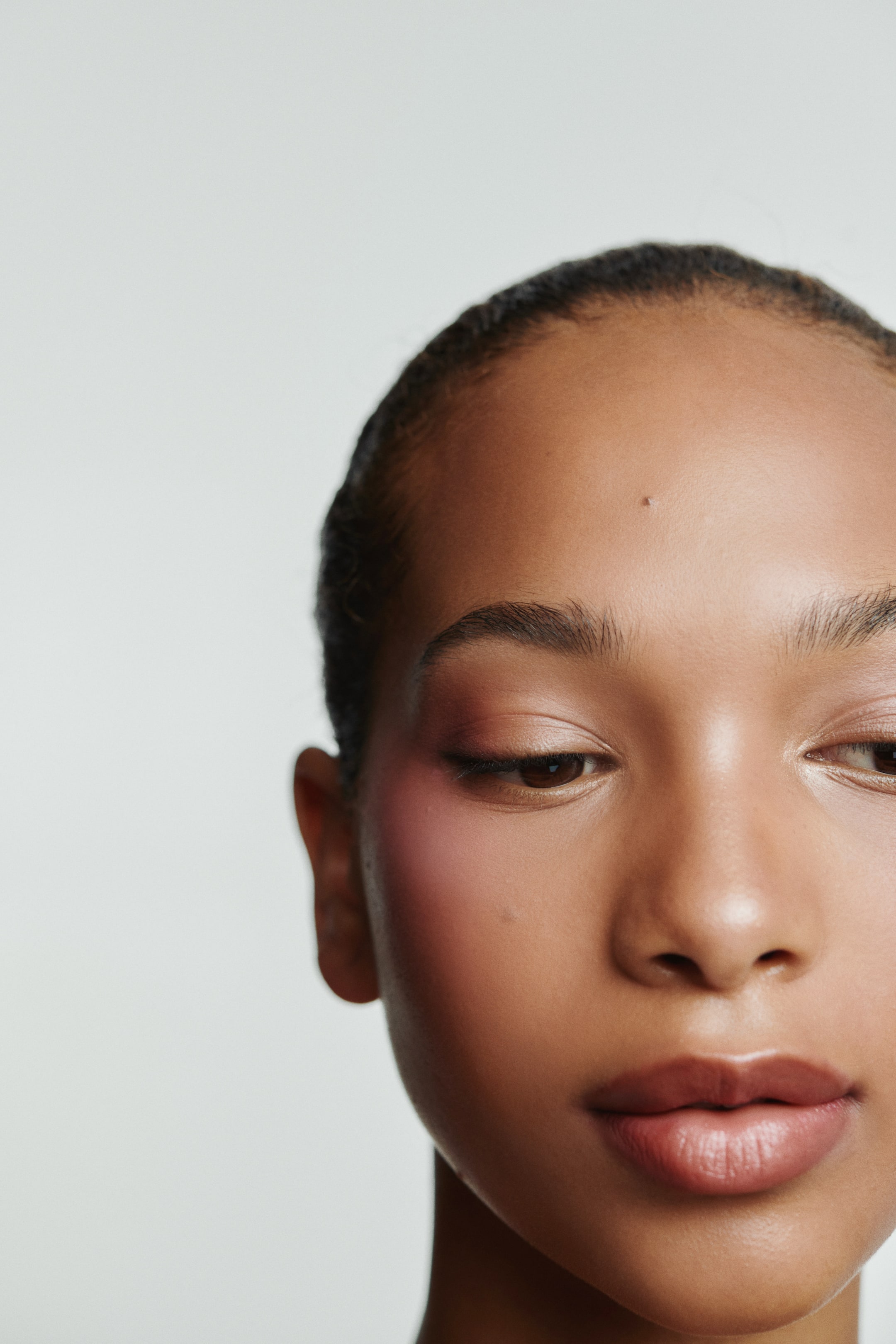 View larger image: Make-up is being applied, with rosy-pink blush blending across the cheekbones and temples, light shimmery eyeshadow covering the eyelids, and a thin dark eyeliner defining the lash line. Lips are being coloured with a muted rosy-brown shade, and eyebrows are being shaped and filled.