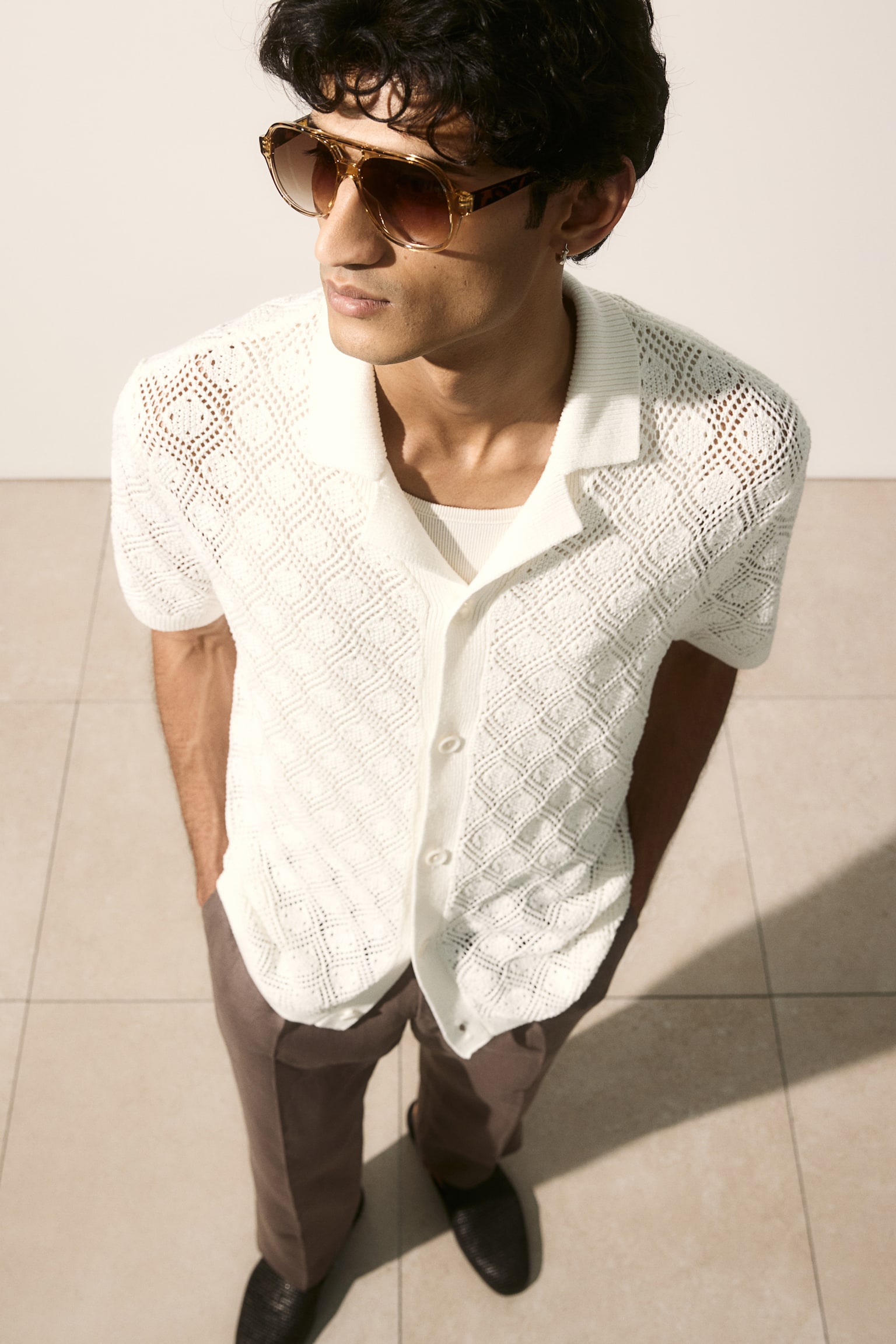 Regular Fit Crochet-look resort shirt - White/Black - 1