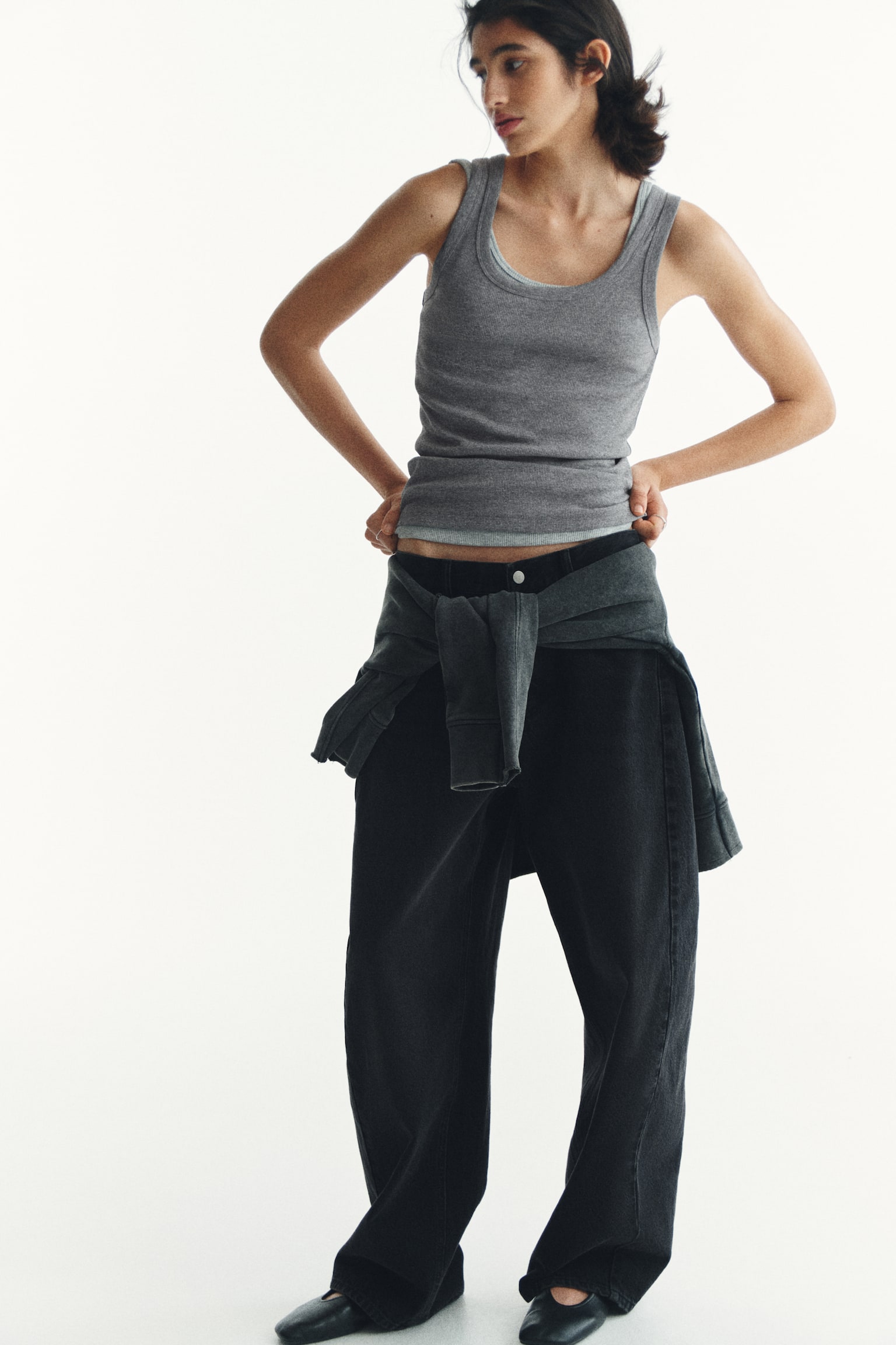 Ribbed vest top - אפור מלאנז'/לבן/שחור - 1