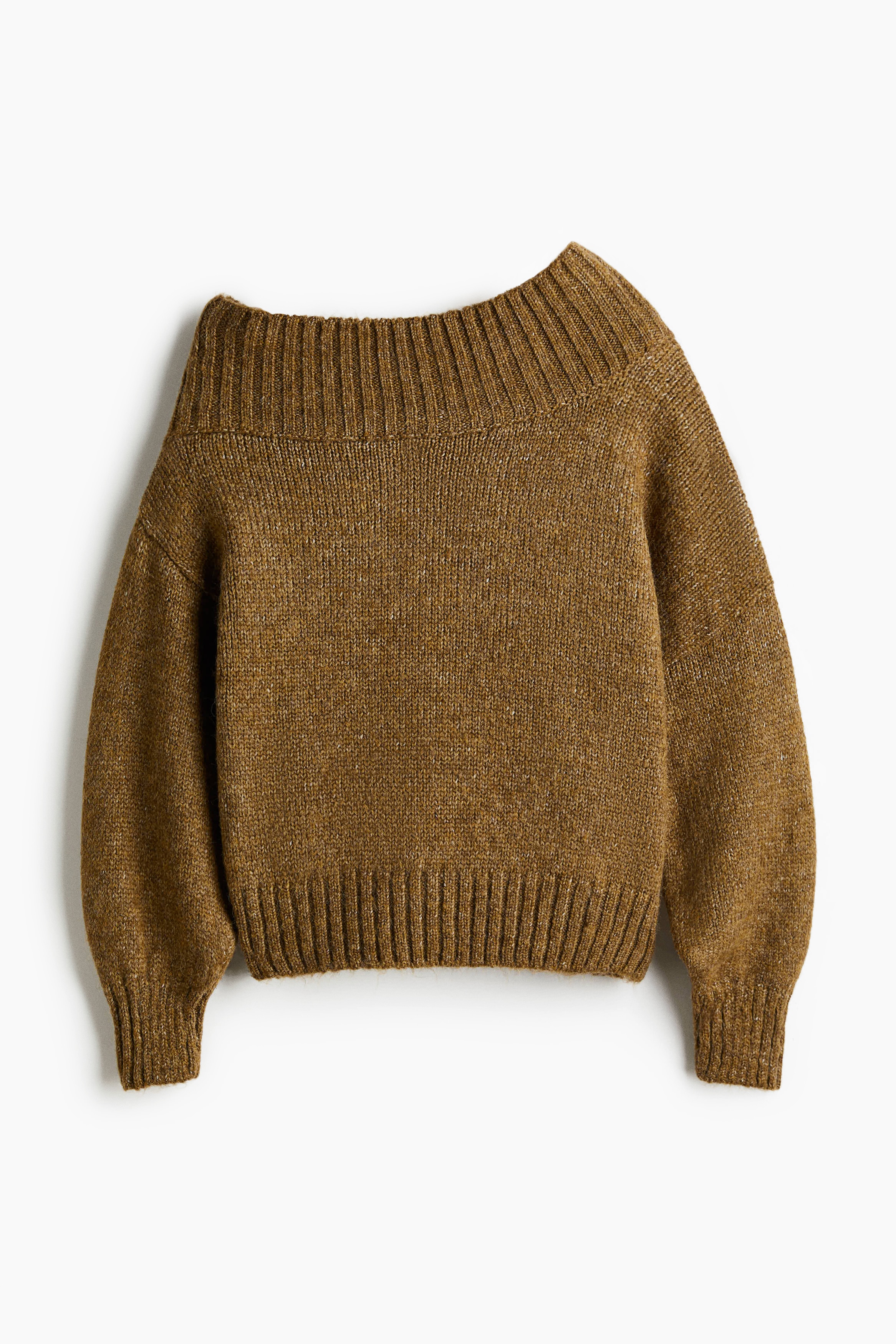 Félvállas pulóver - Khakizöld melír/Krémszínű