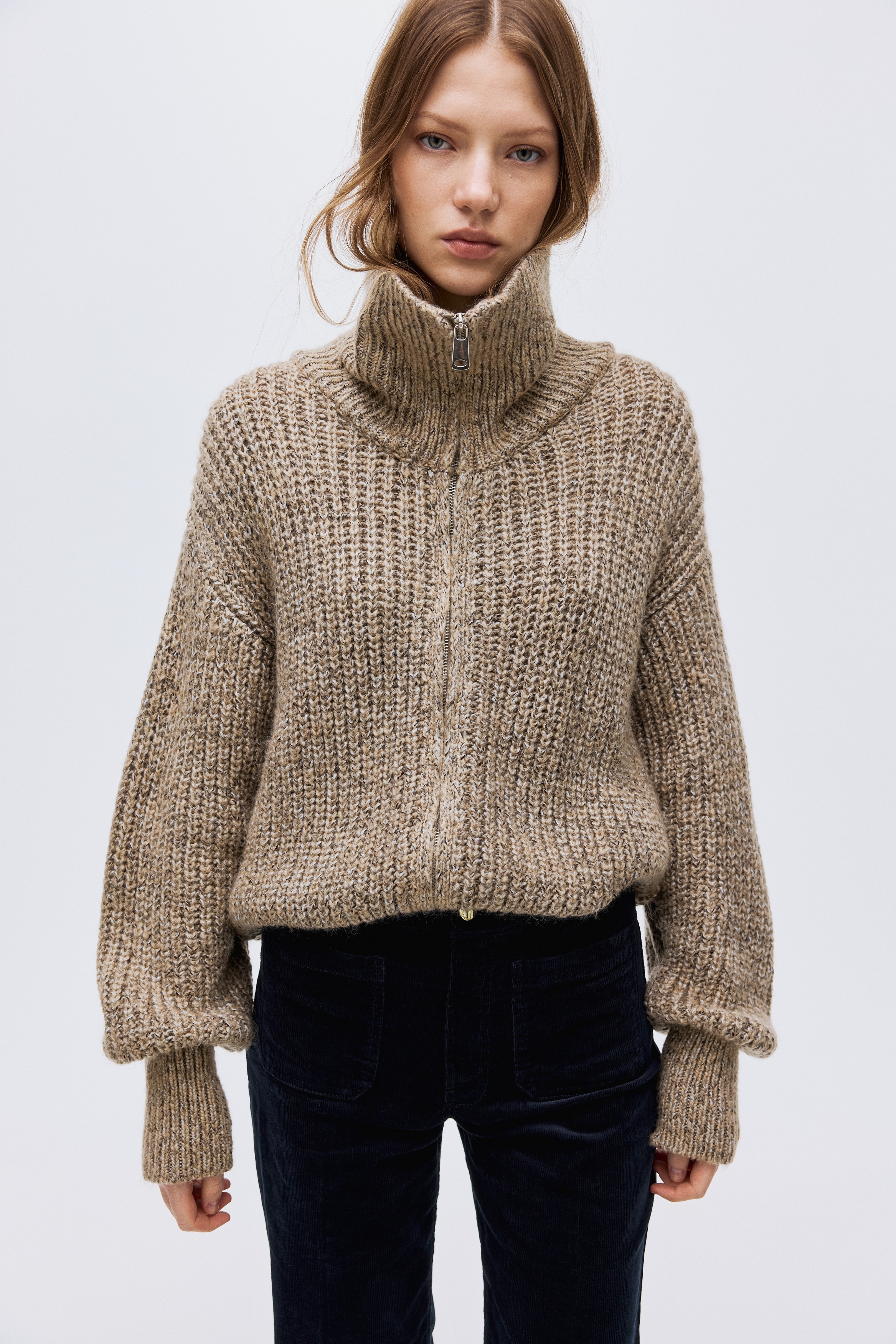 Women's Beige melange Rib-Knit Cardigan with Zipper | H&M CA