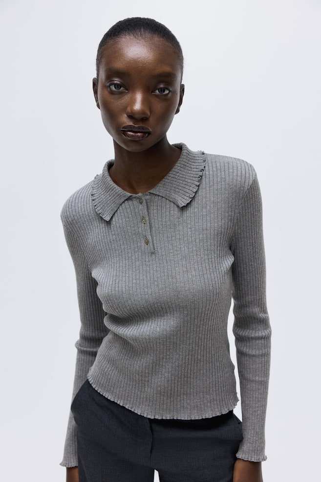 Rib-Knit Polo Sweater - Gray melange/Dusty pink - 2