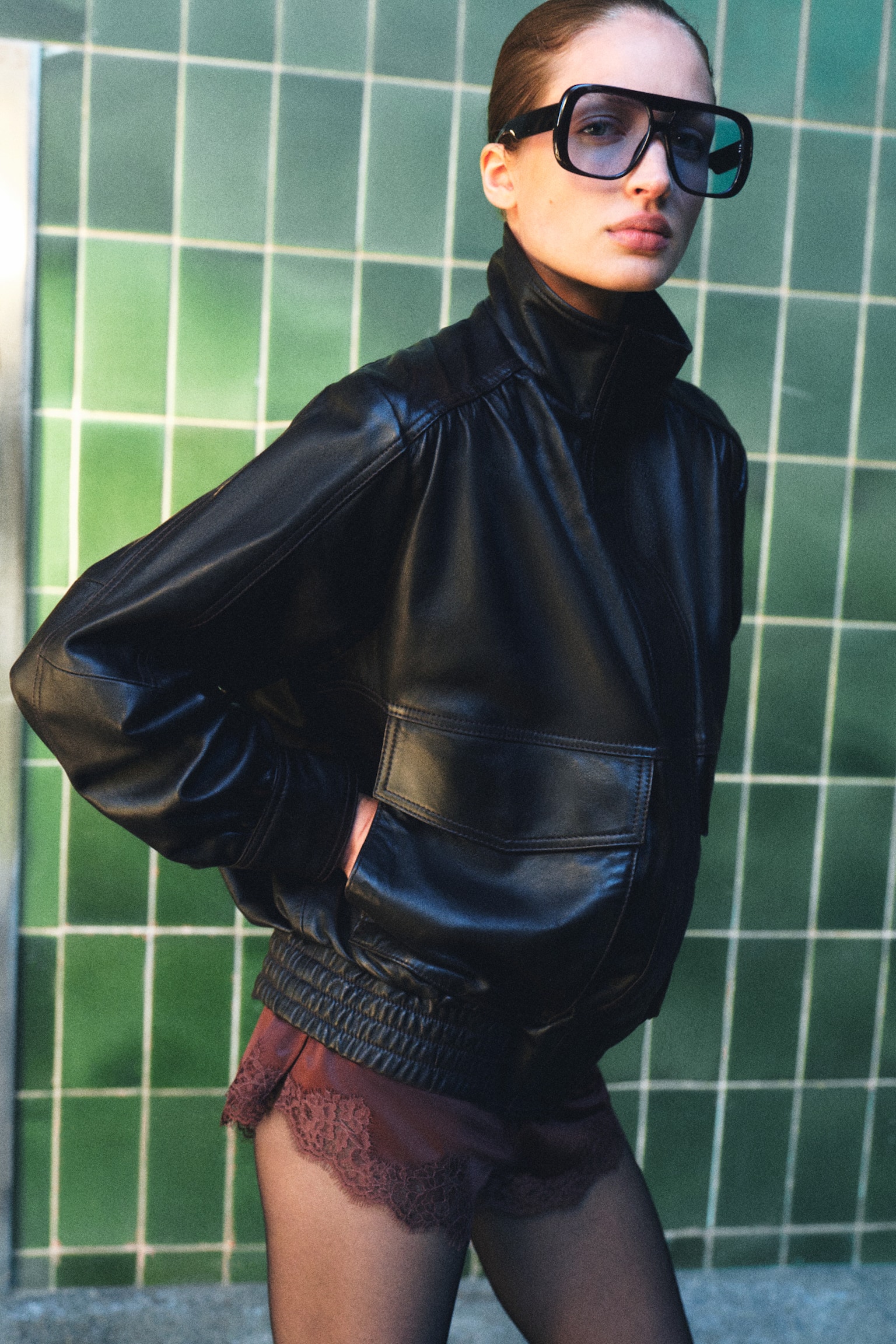 Oversized leather jacket - Dark brown - 6