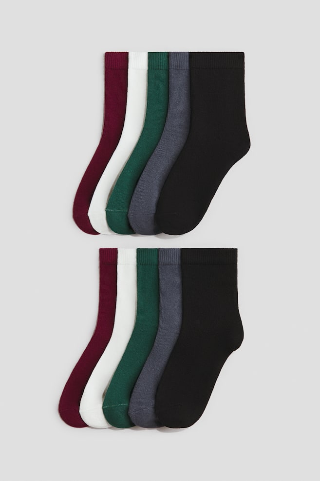 Zehn Paar Feinstricksocken liegen flach in zwei identischen, vertikal Ã¼bereinander angeordneten Reihen zu je fÃ¼nf Paaren und zeigen ihre Seitenansicht. Die Socken sind in einer Farbfolge aus Burgunderrot, WeiÃ, DunkelgrÃ¼n, Grau und Schwarz Ã¼berlappend angeordnet und heben ihre gerippten, elastischen BÃ¼ndchen hervor. - 1