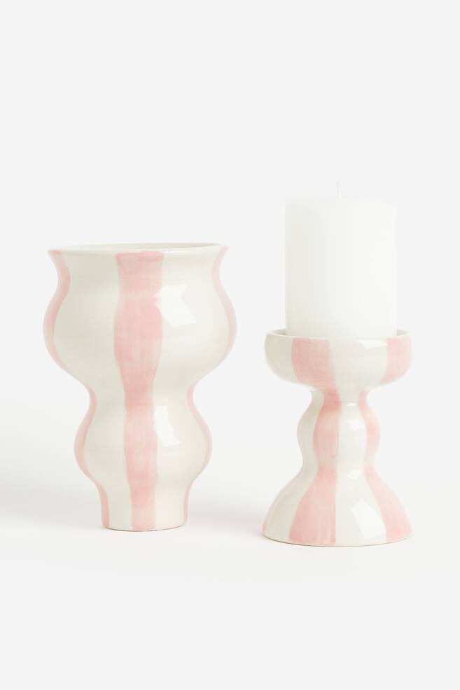 Stribet vase i stentøj - Lys rosa/Hvid - 4