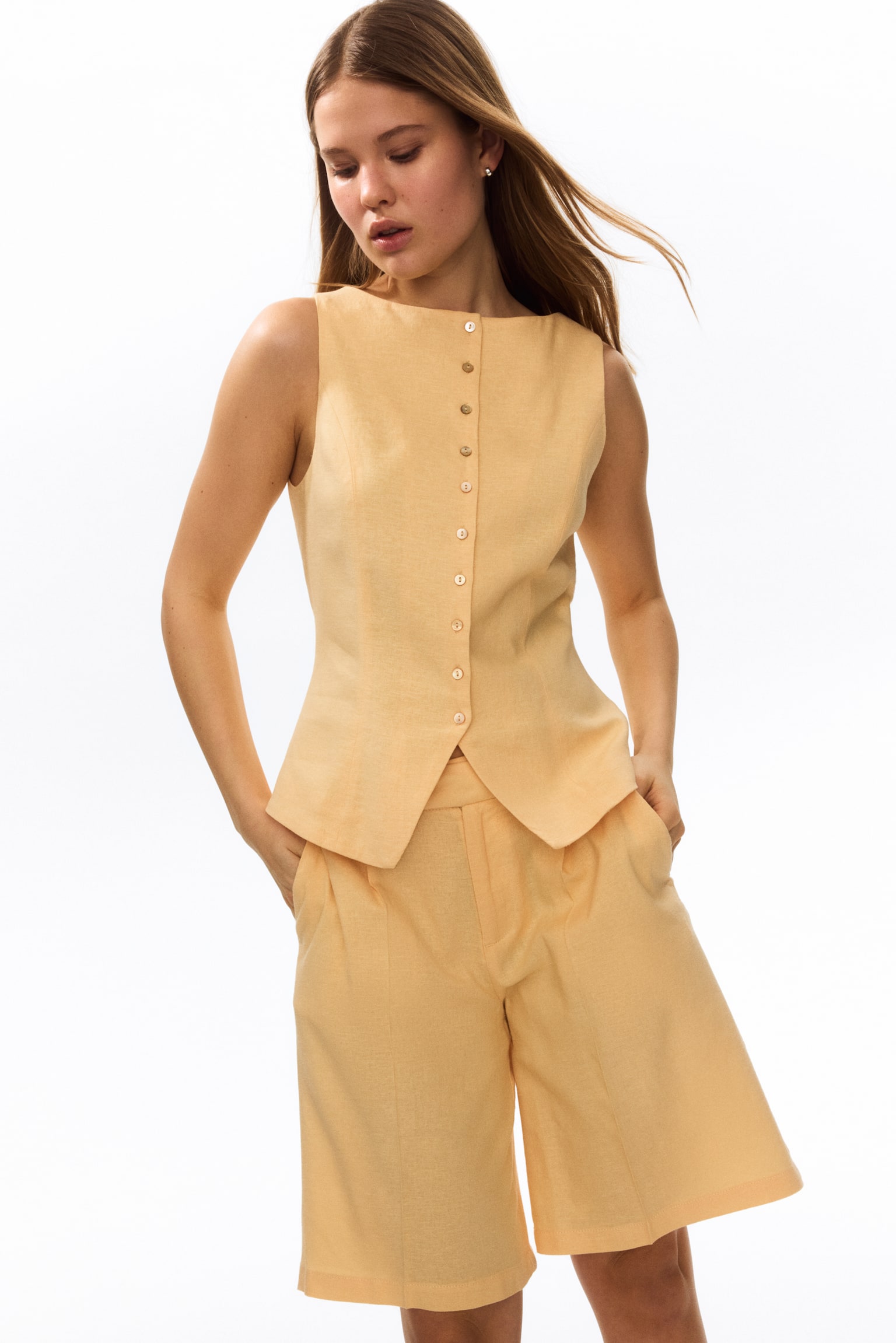 Dugi šorts od mešavine lana - Žuta - 2