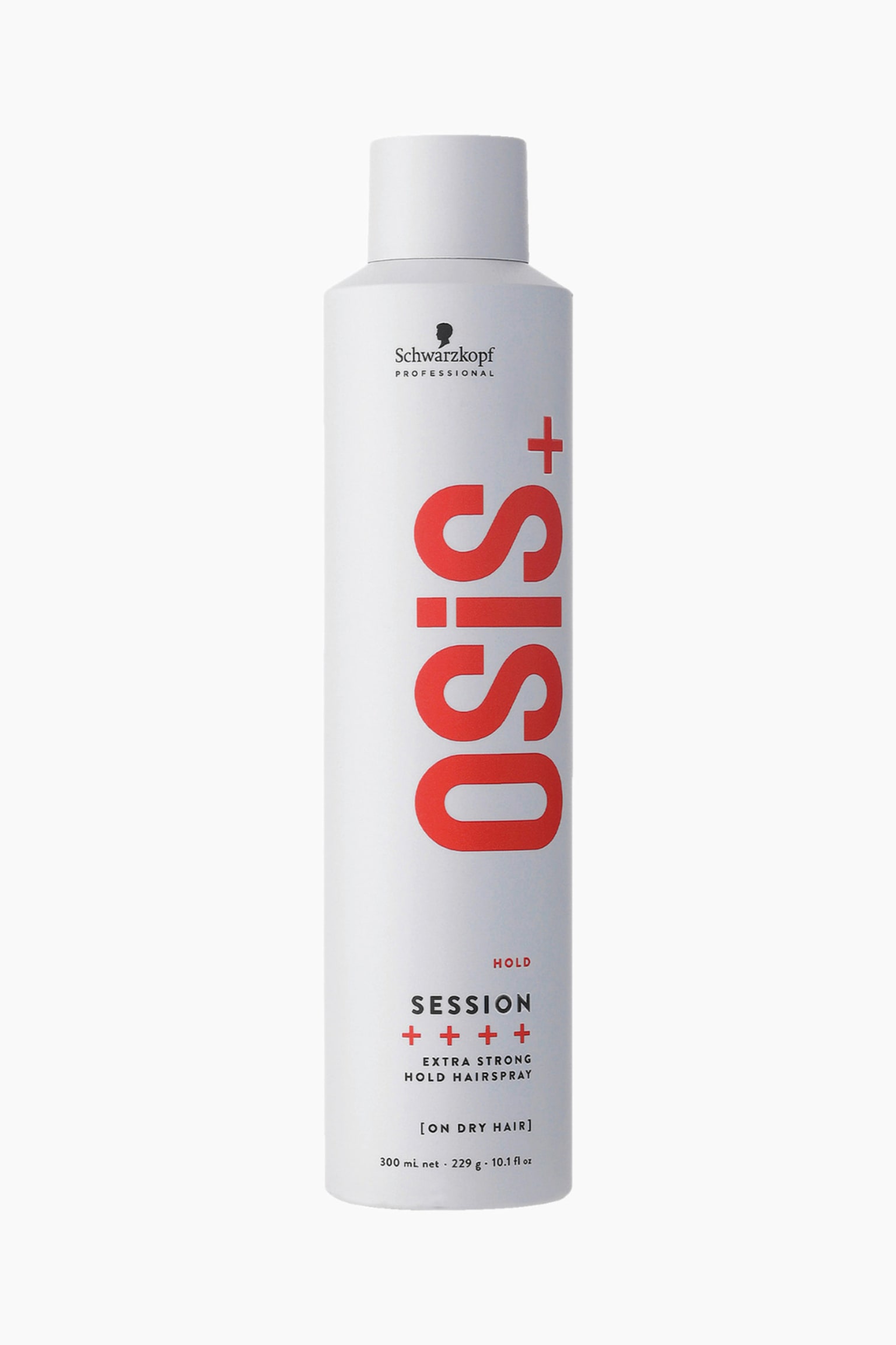 Denne Session Hold Hair Spray stÃ¥r oppreist og vendt forover, og viser en hÃ¸y, sylindrisk hvit aerosoldÃ¥se med matt finish og matchende kork. Forsiden av dÃ¥sen viser en svart Schwarzkopf Professional-logo Ã¸verst, stor rÃ¸d vertikal Â«OSiS+Â»-tekst ned langs midten, og svart tekst nederst som spesifiserer ekstra sterk hold.