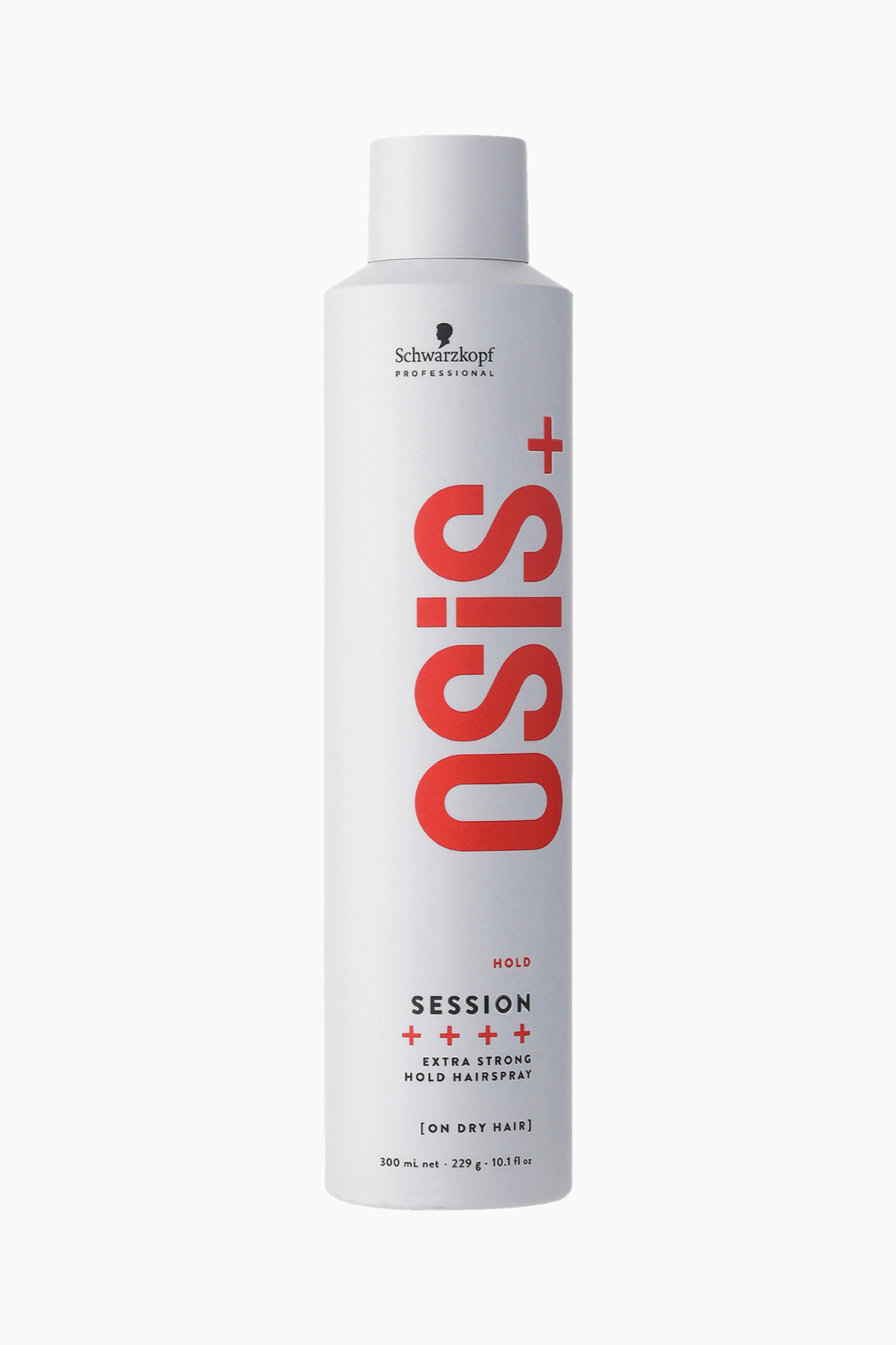 Visa större bild: Denna Session Hold-hårspray står upprätt och vänd framåt, och visar upp en hög, cylindrisk aerosolburk i matt vit finish med matchande kork. Framsidan av burken visar Schwarzkopf Professional-logotypen i svart längst upp, den stora röda vertikala texten ”OSiS+” i mitten samt svart text längst ned som anger dess extra starka stadga.