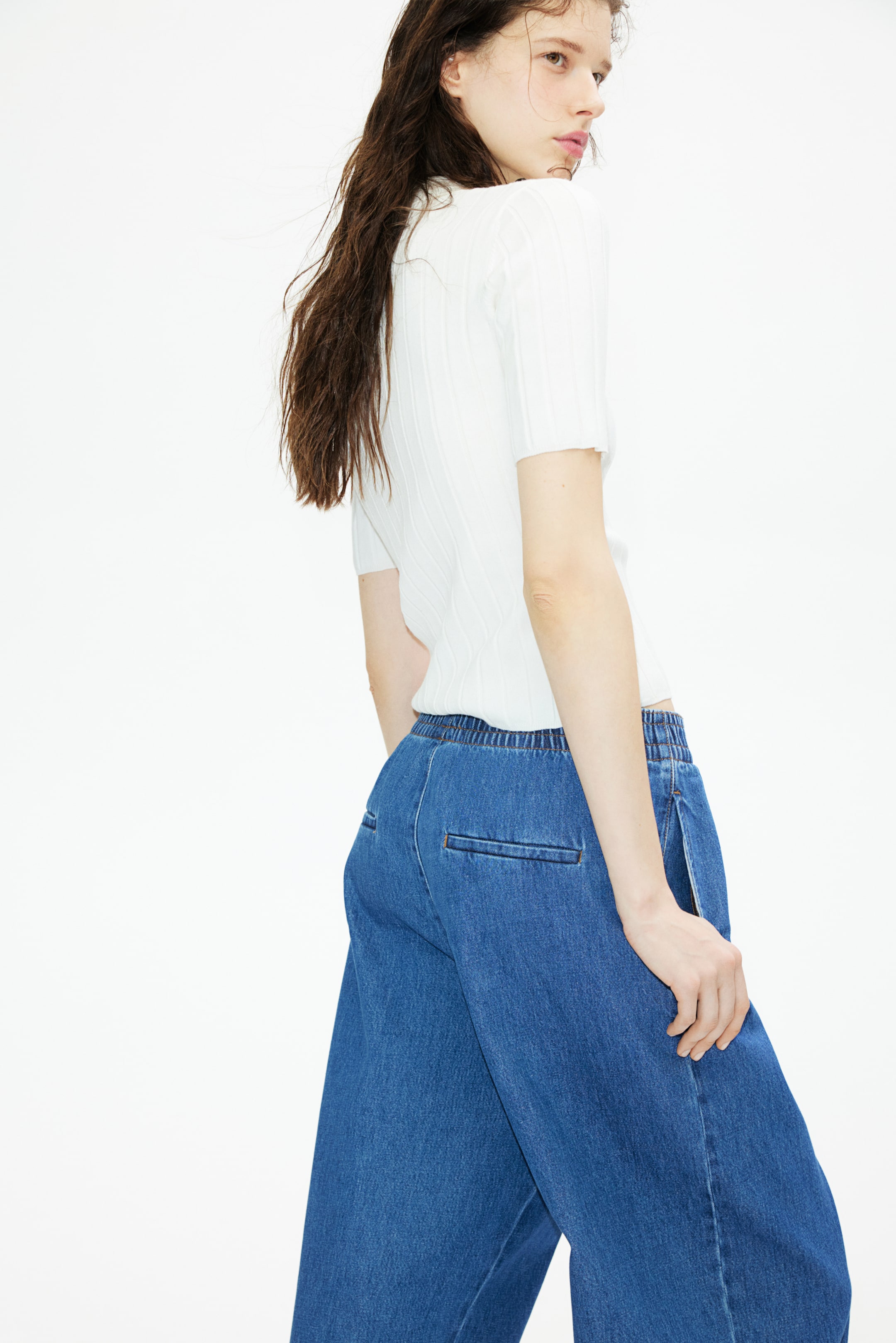 Pull-on denim trousers