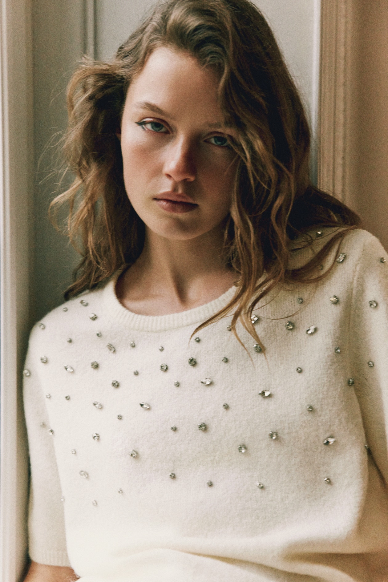 Rhinestone-Embellished Fine-Knit Top - image 2