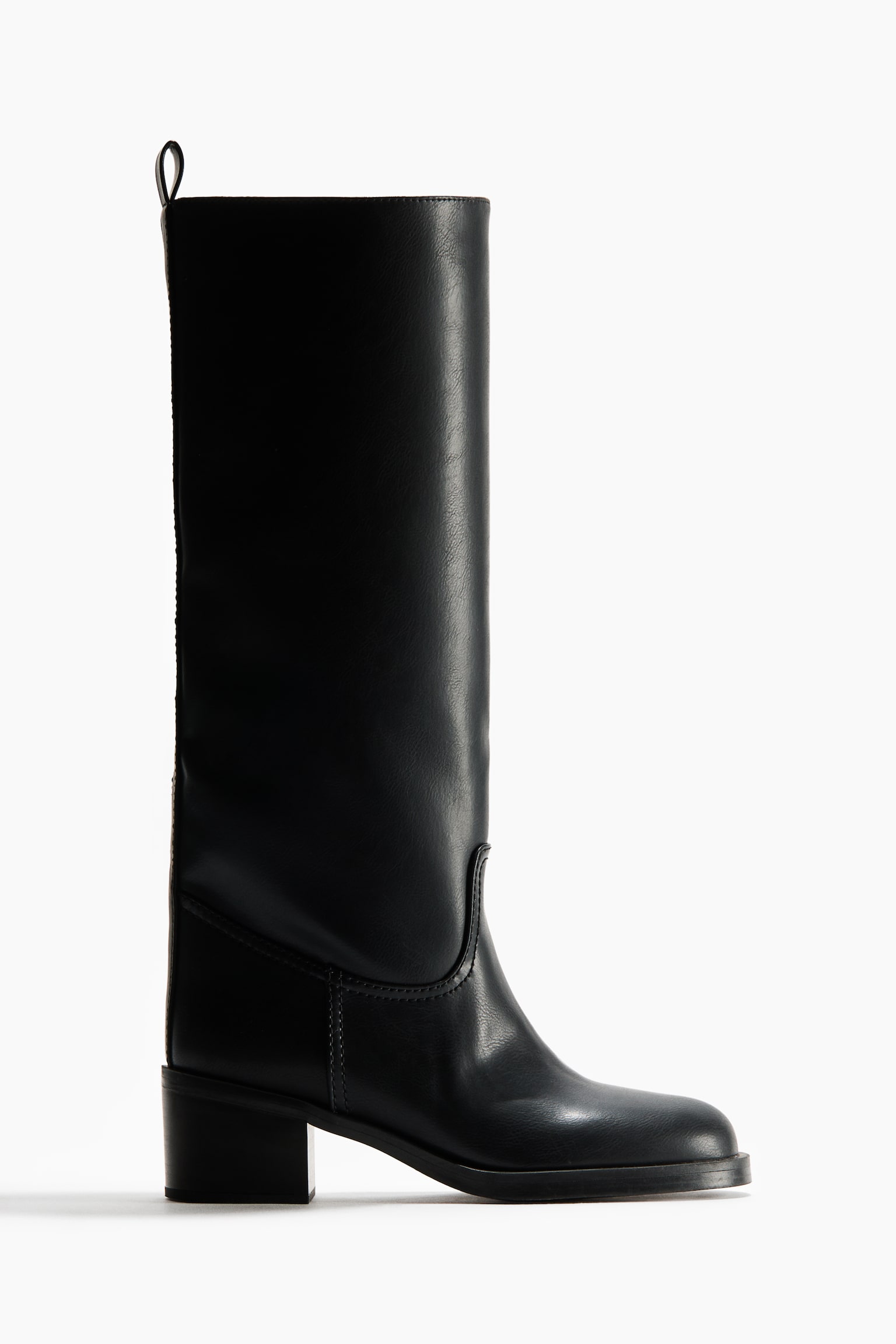 A black boot features rounded toes, a block heel, and a knee-high shaft with a loop visible at the back. - 1
