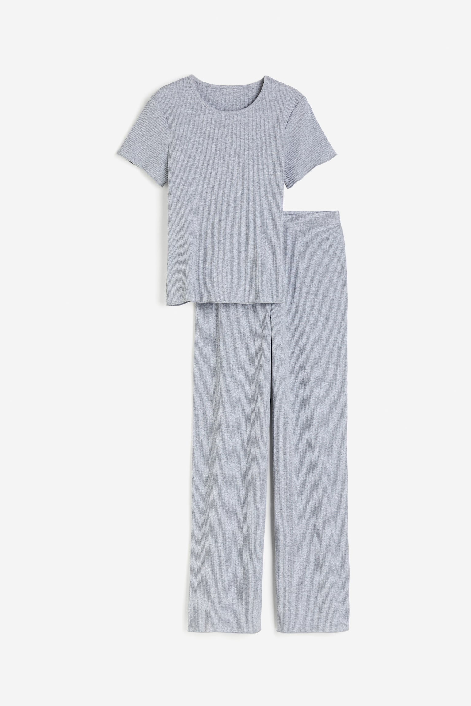 Rib Pyjama Tee & Pants Set - Light grey marle/Black - 2