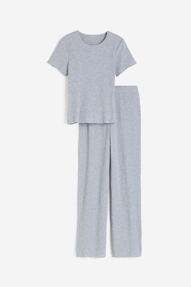 Ribbed pyjama top and bottoms - Light grey marl - 2