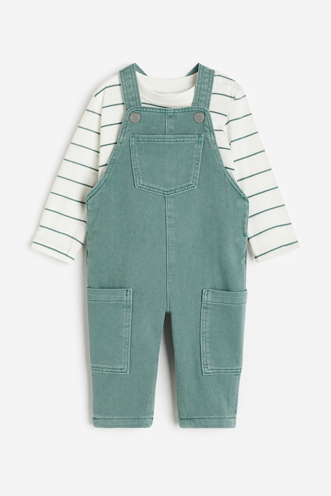 2-piece top and dungaree set - Green/Striped - 1