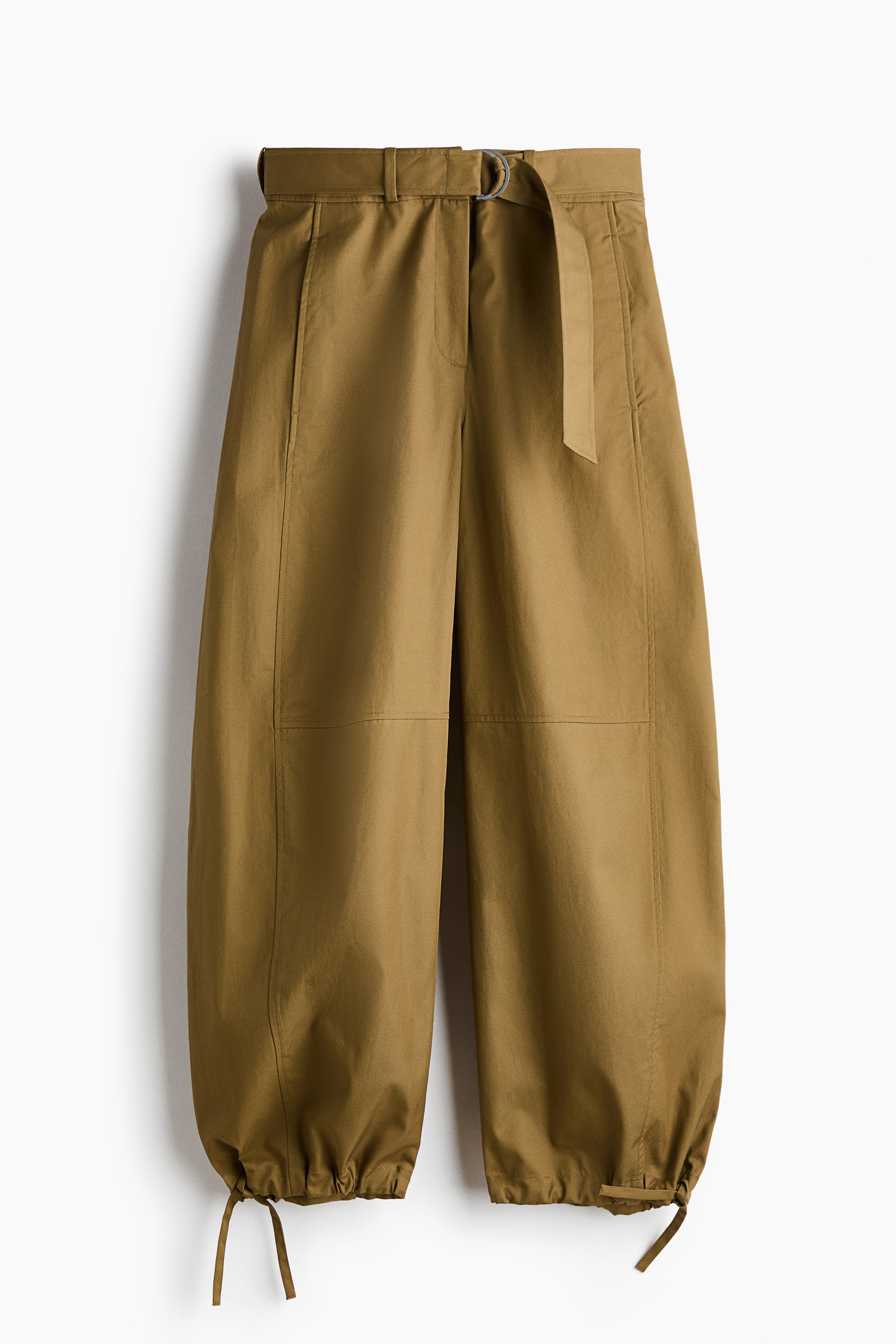 Pantaloni in cotone con cintura - Verde kaki/Beige