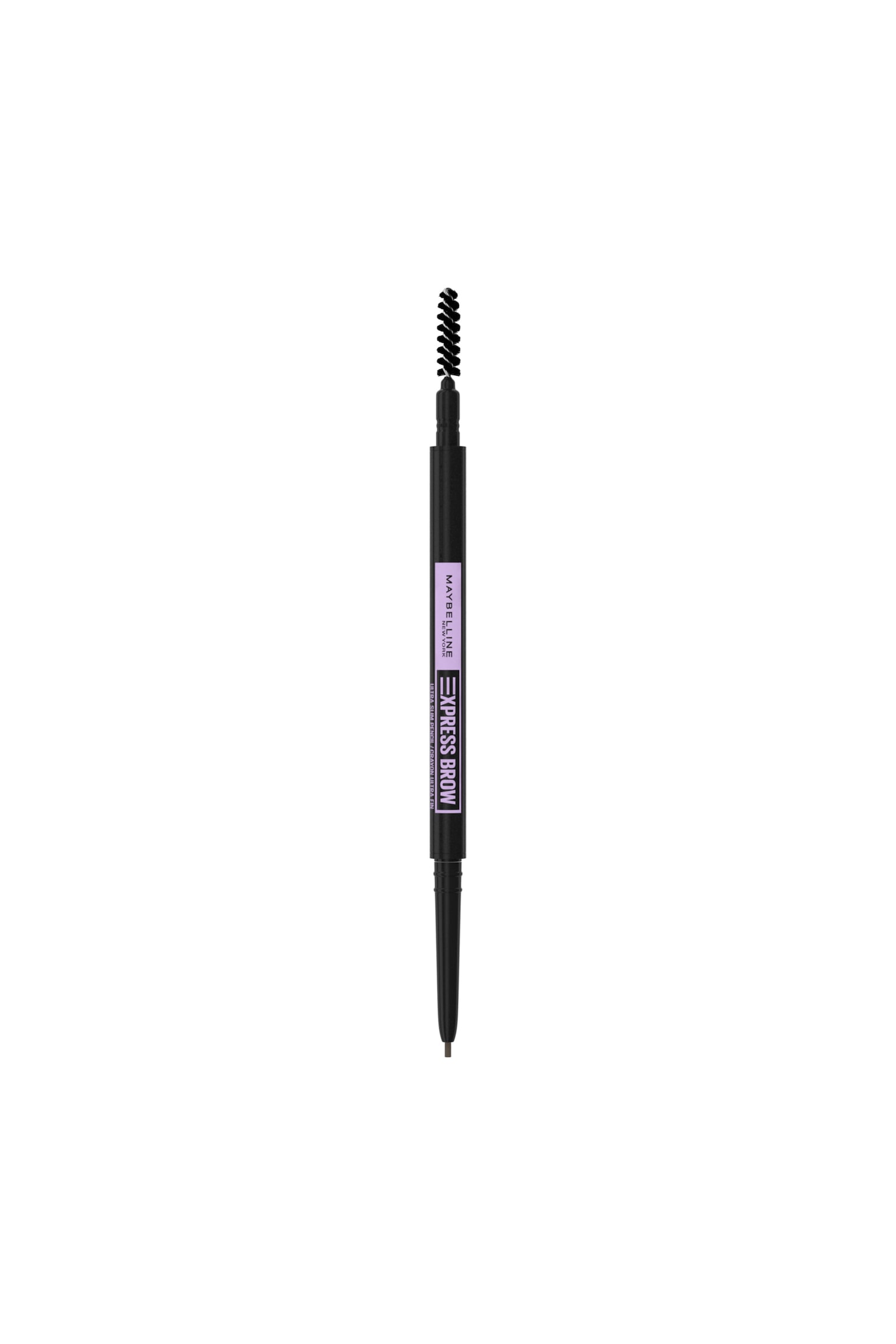 Maybelline Express Brow -kynÃ¤ seisoo pystysuorassa esittÃ¤en kaksipÃ¤isen muotoilunsa: toisessa pÃ¤Ã¤ssÃ¤ on musta spoolie-harja ja toisessa hieno, tummanruskea sisÃ¤Ã¤n vedettÃ¤vÃ¤ kÃ¤rki. Mustassa sylinterimÃ¤isessÃ¤ rungossa on keskellÃ¤ vaaleanvioletti etiketti, jossa nÃ¤kyy tuotemerkin ja tuotteen nimi.