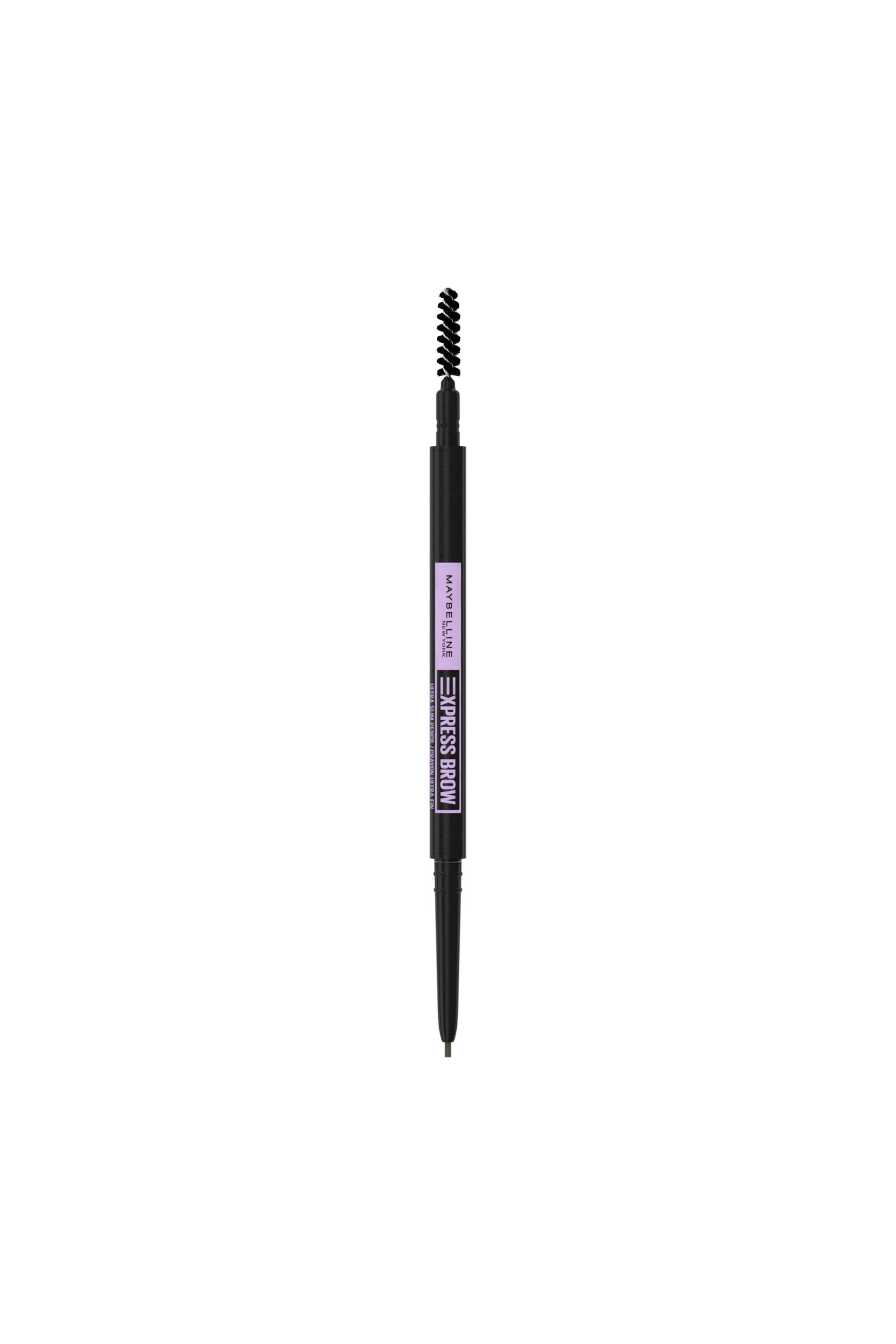 Größeres Bild ansehen: Ein Maybelline Express Brow Augenbrauenstift steht vertikal und präsentiert sein doppelseitiges Design mit einer schwarzen Spoolie-Bürste an einem Ende und einer feinen, dunkelbraunen ausziehbaren Spitze am anderen. Der schwarze zylindrische Körper verfügt in der Mitte über ein hellviolettes Etikett mit der Marke und dem Produktnamen.
