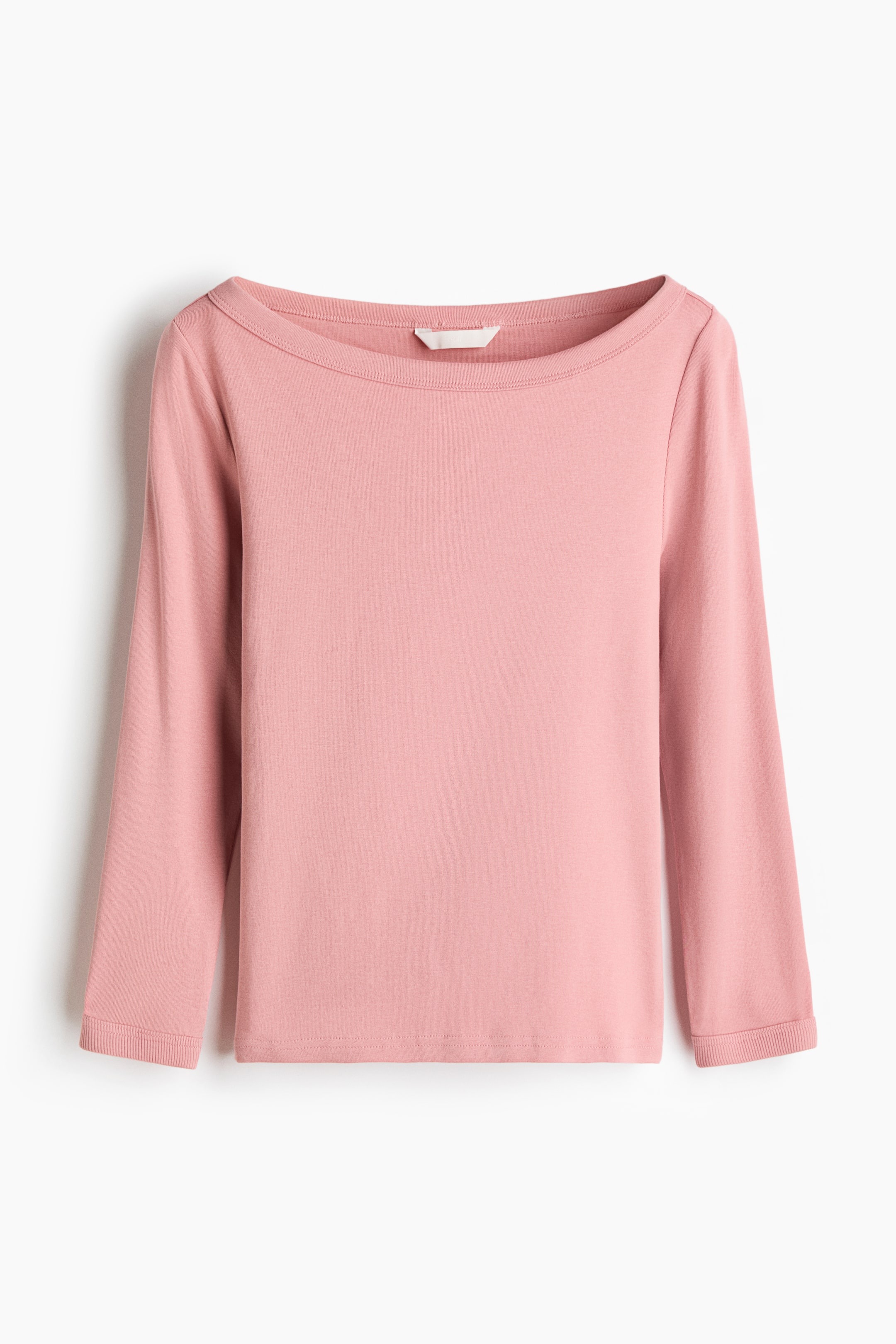 View larger image: A pink long-sleeved top is shown facing forward, featuring a boat neck and long sleeves with ribbed cuffs, and finished with a straight hem.