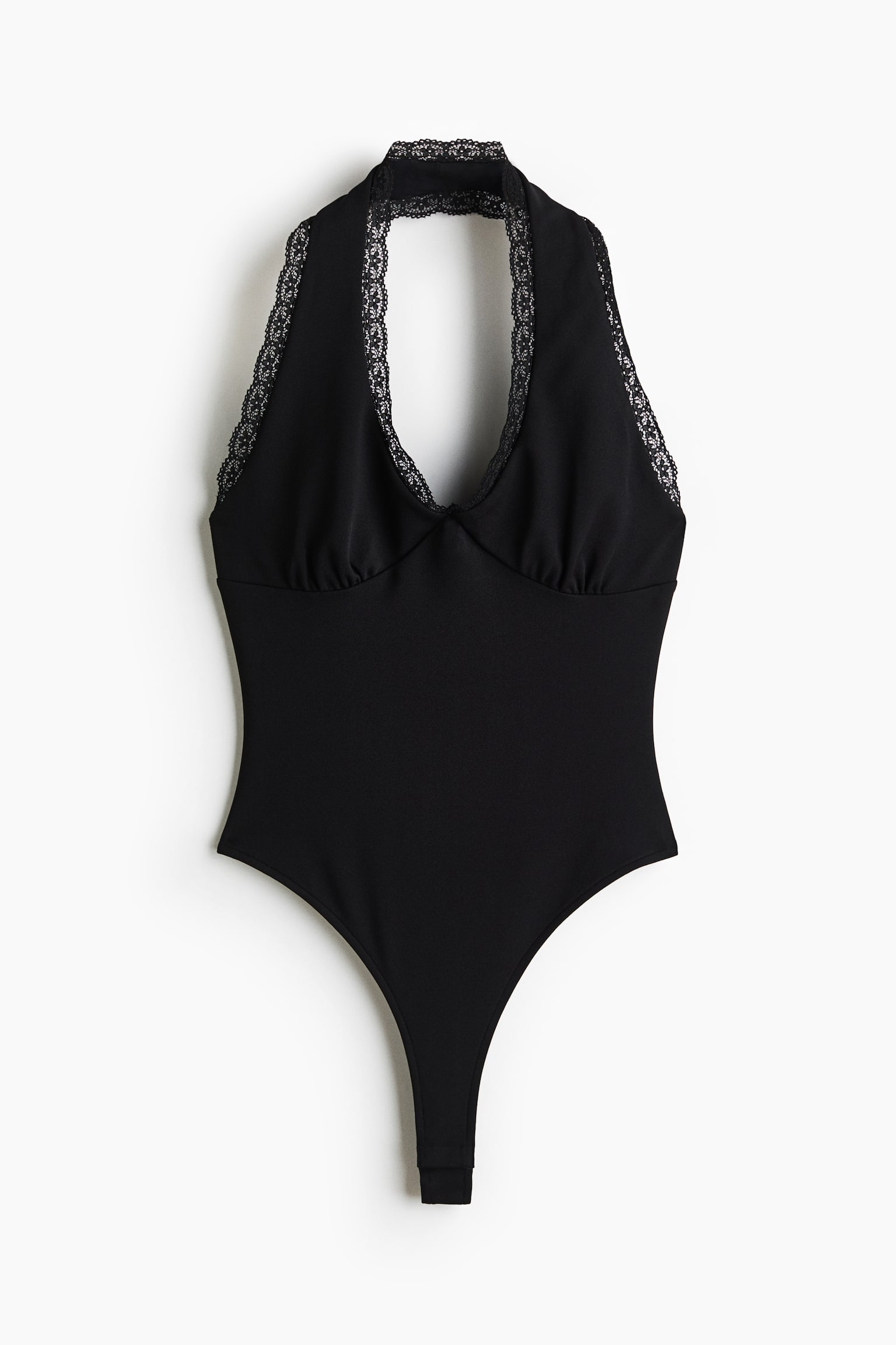 Lace-trimmed halterneck body - Black/Plum red - 1