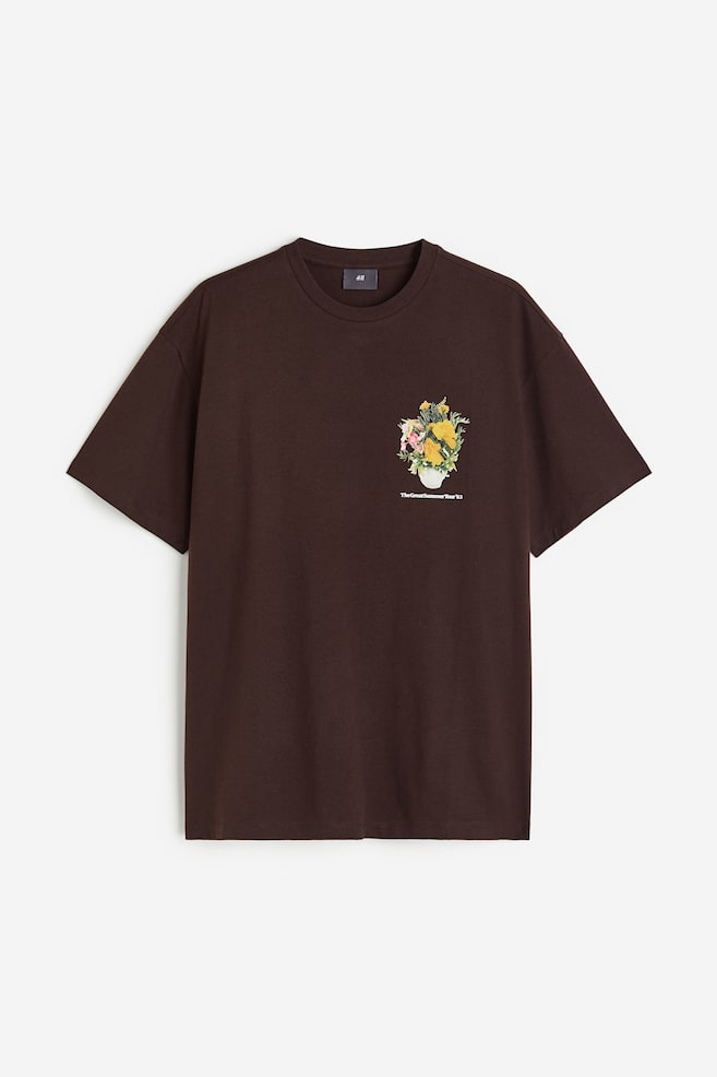 Painokuvallinen T-paita Relaxed Fit - Tummanruskea/Kukat - 2