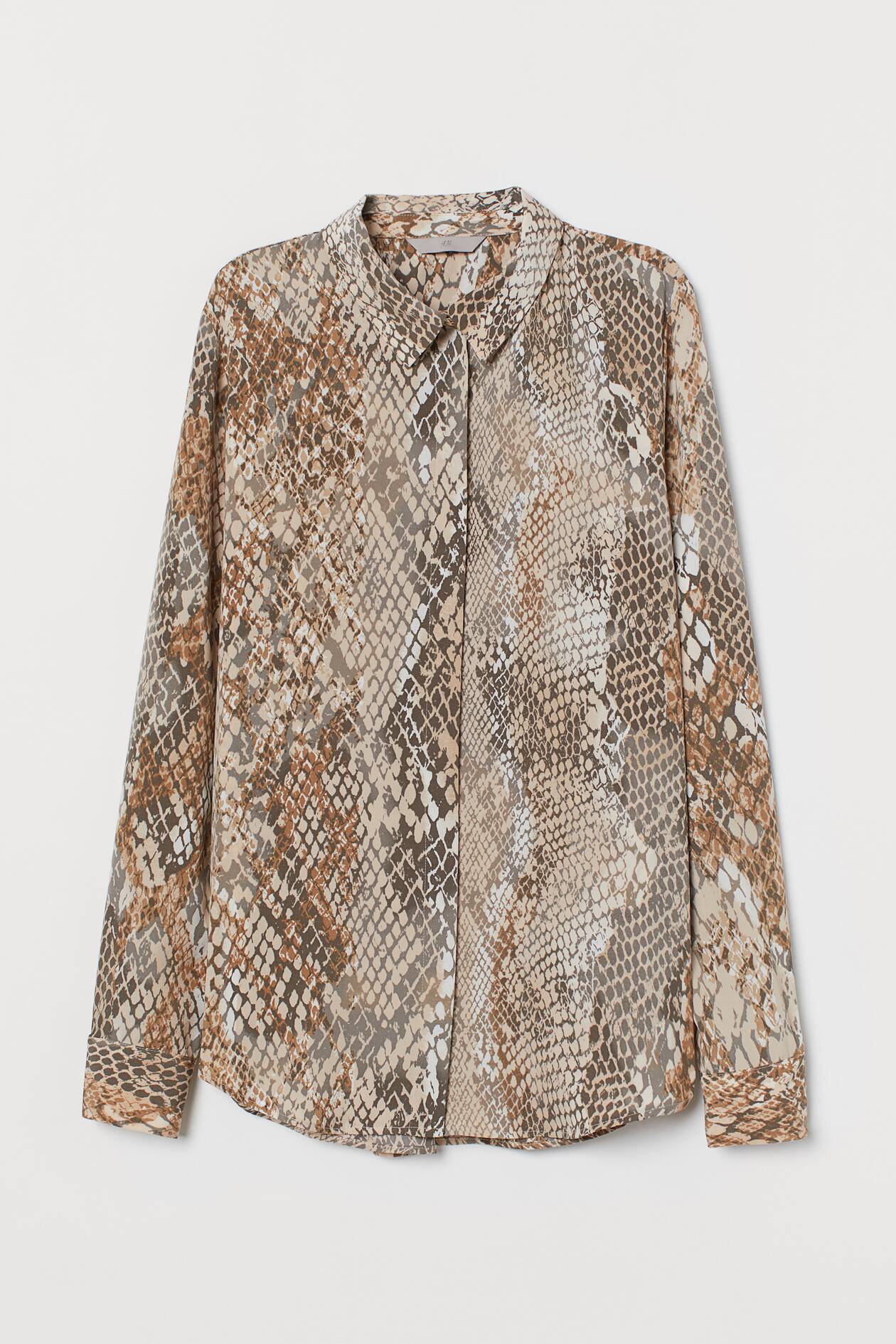 Long-sleeved Blouse - Long sleeve - Beige/snakeskin-patterned  
