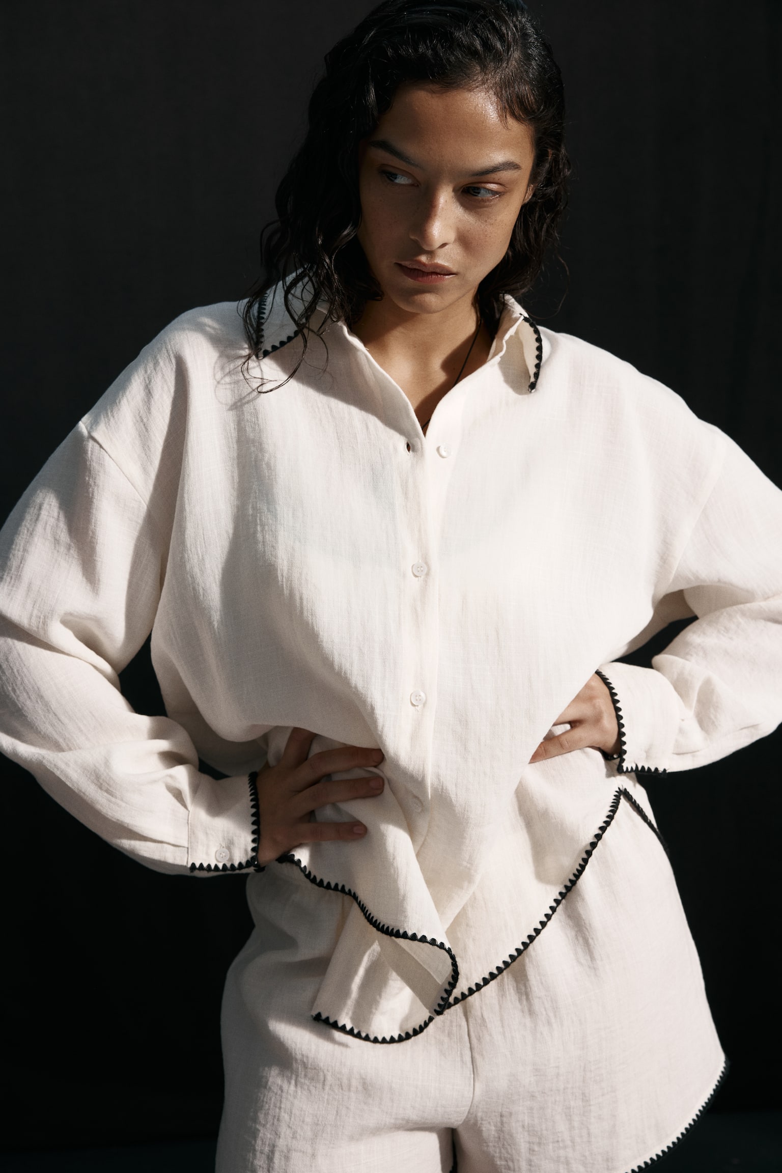 Пляжна сорочка оверсайз - Кремовий/Темно-коричневий - 4