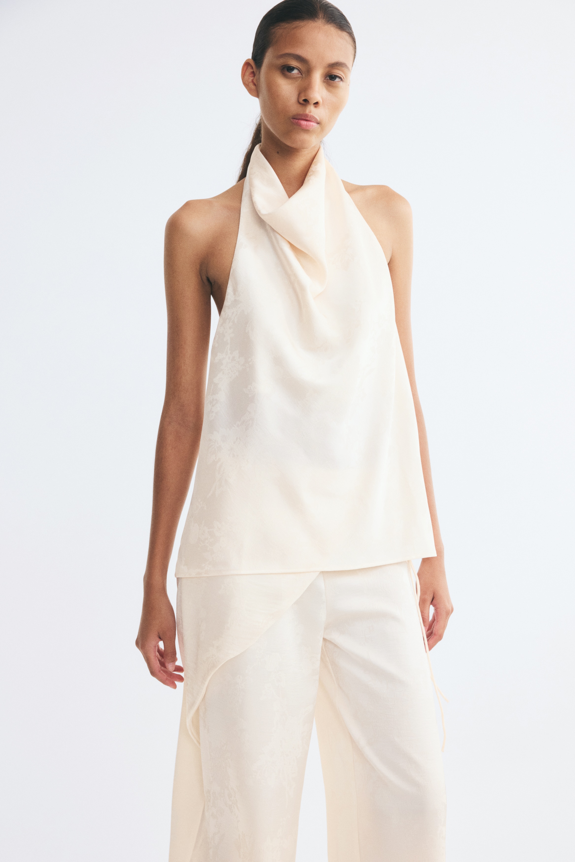 Cowl-neck halterneck top - Cream/Navy blue/Black/Floral