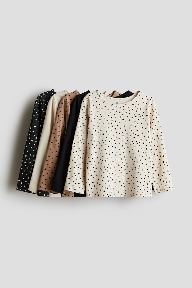 Maglie a maniche lunghe in cotone 5 pezzi - Beige/cuori - 1