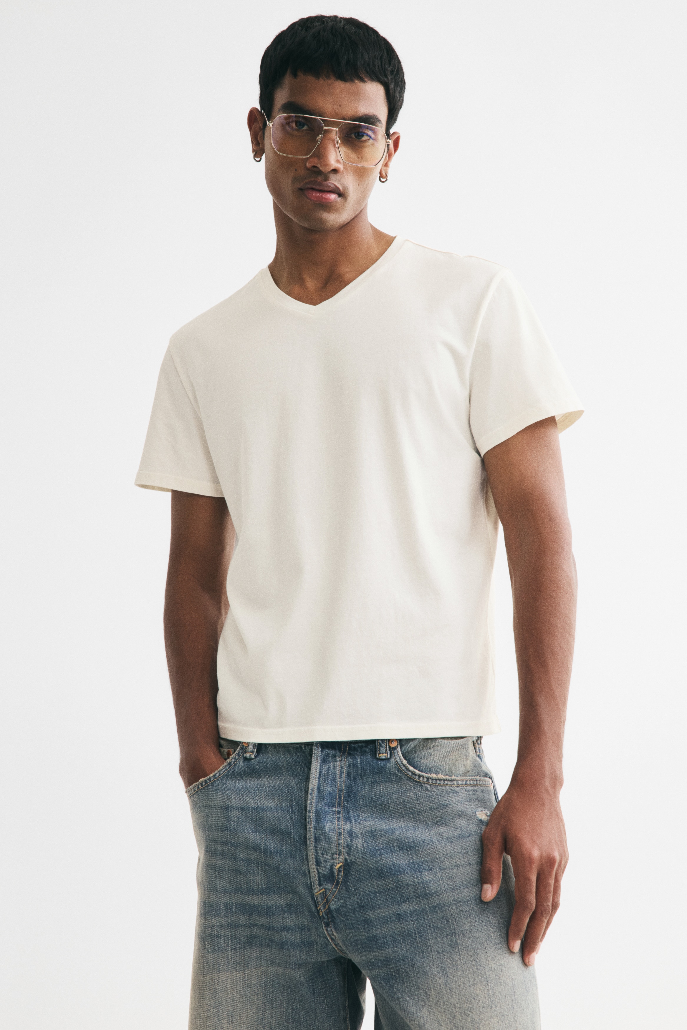 Βαμβακερό T-shirt Slim Fit - Κρεμ/Σκούρο γκρι