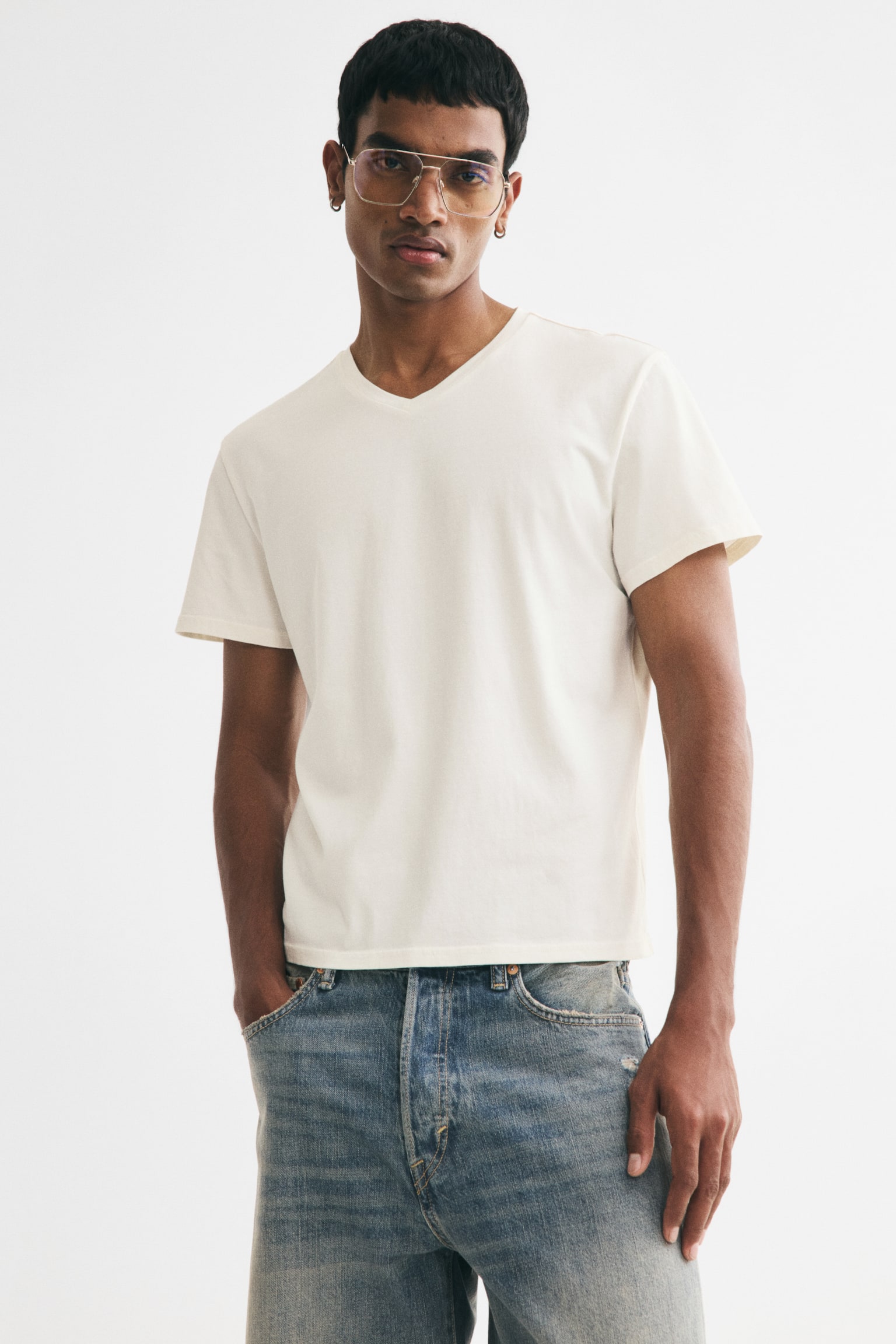 Slim Fit Cotton T-shirt - Cream/Dark grey - 1