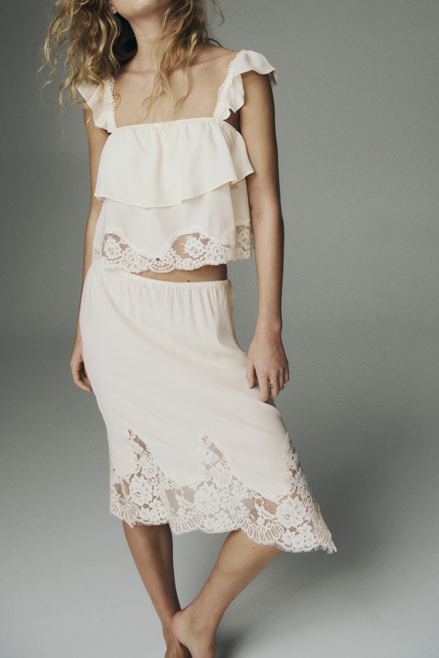 Lace-trimmed viscose skirt - Cream/Black - 4