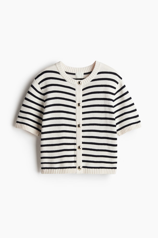Short-sleeved cardigan - Cream/Navy blue striped/Black - 1