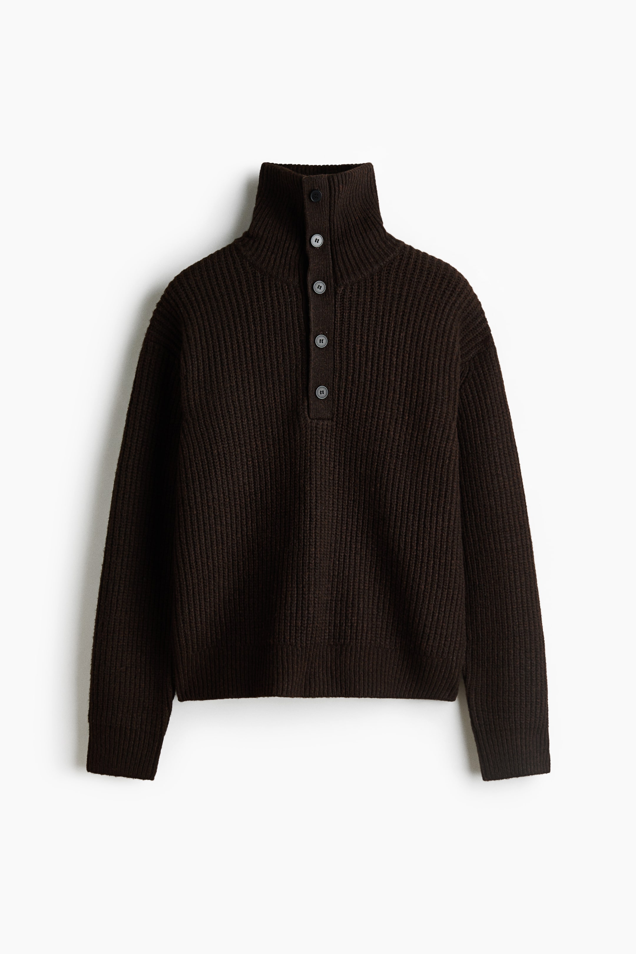 View larger image: A dark brown ribbed knit sweater is shown facing front, featuring a high collar with a five-button placket. The sweater has a relaxed fit with long sleeves, ribbed cuffs, and a ribbed hem.