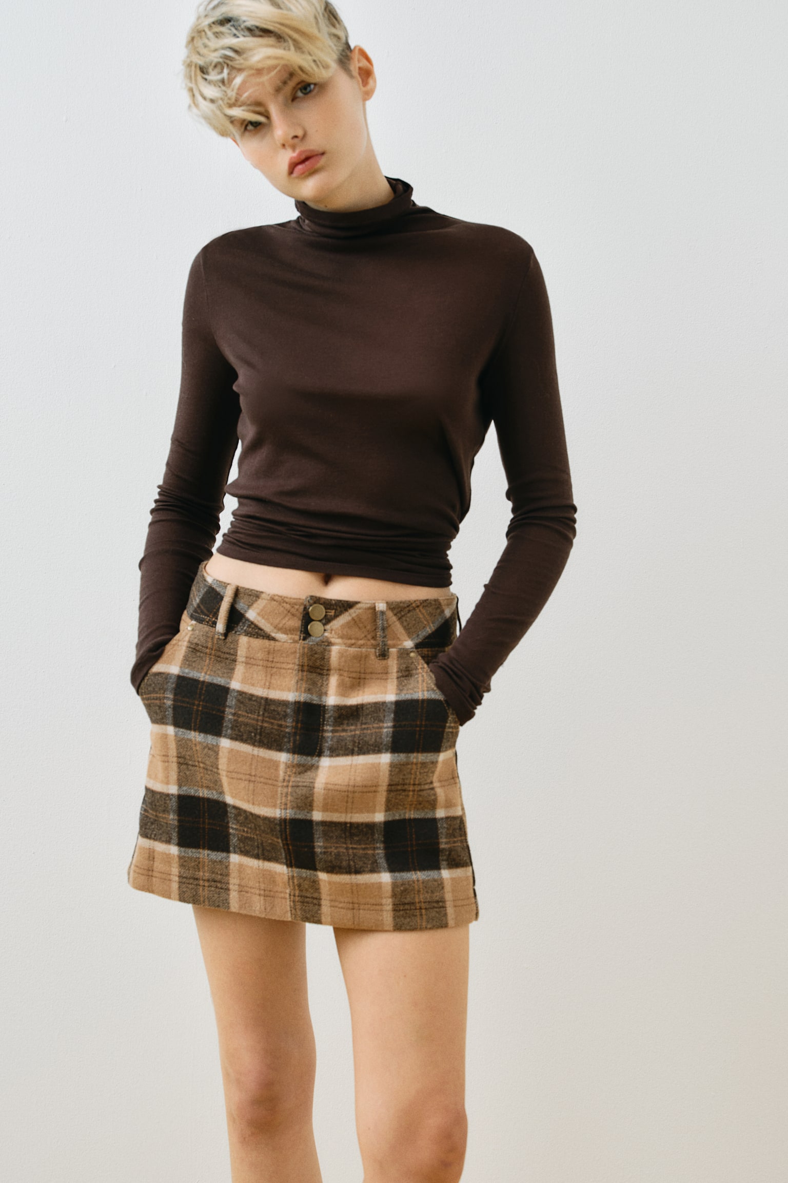 Brushed-finish mini skirt - ベージュ／チェック - 1