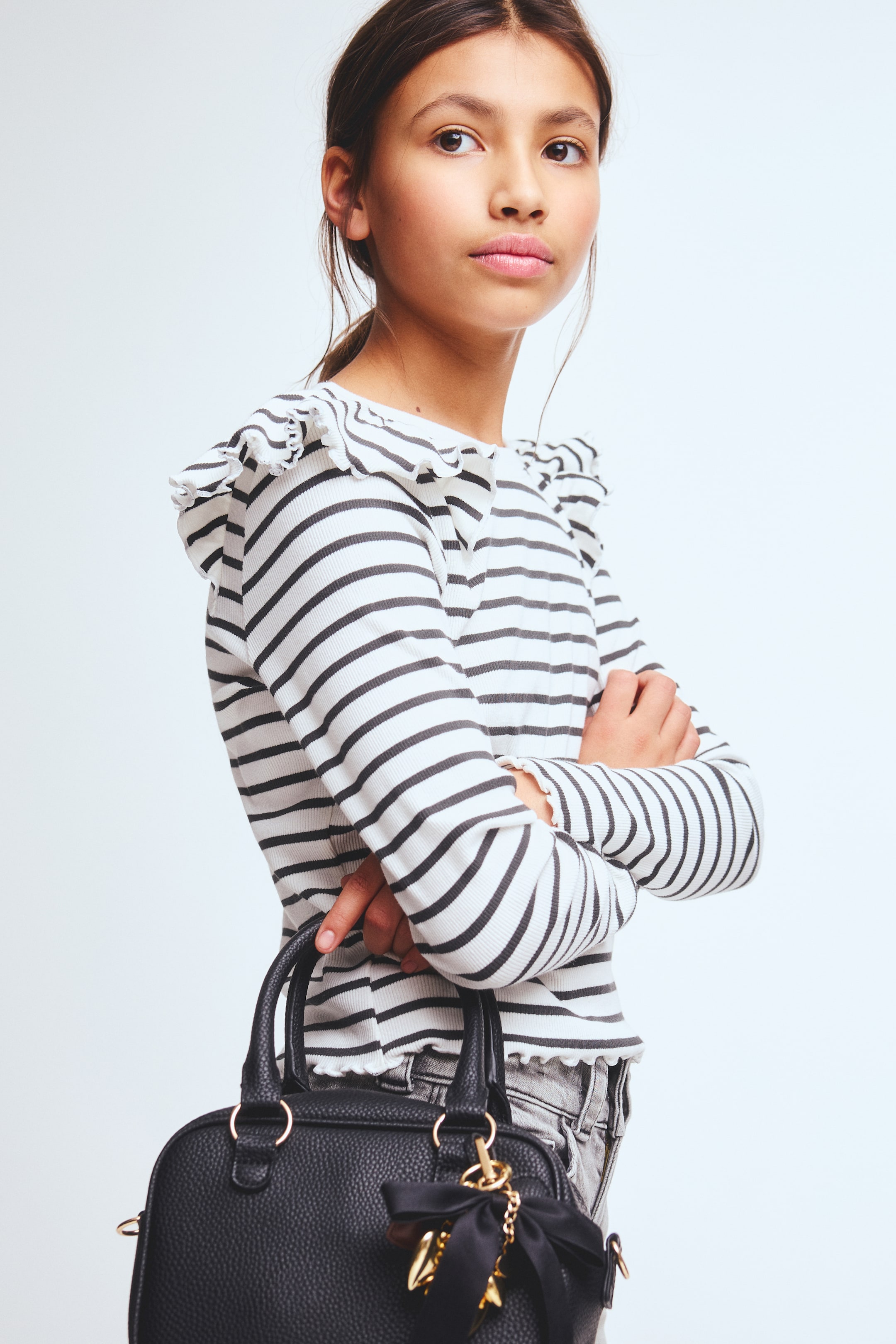 Ampliar la imagen: Top de algodón con olanes - Blanco/Rayas negras - Kids | H&M MX 3