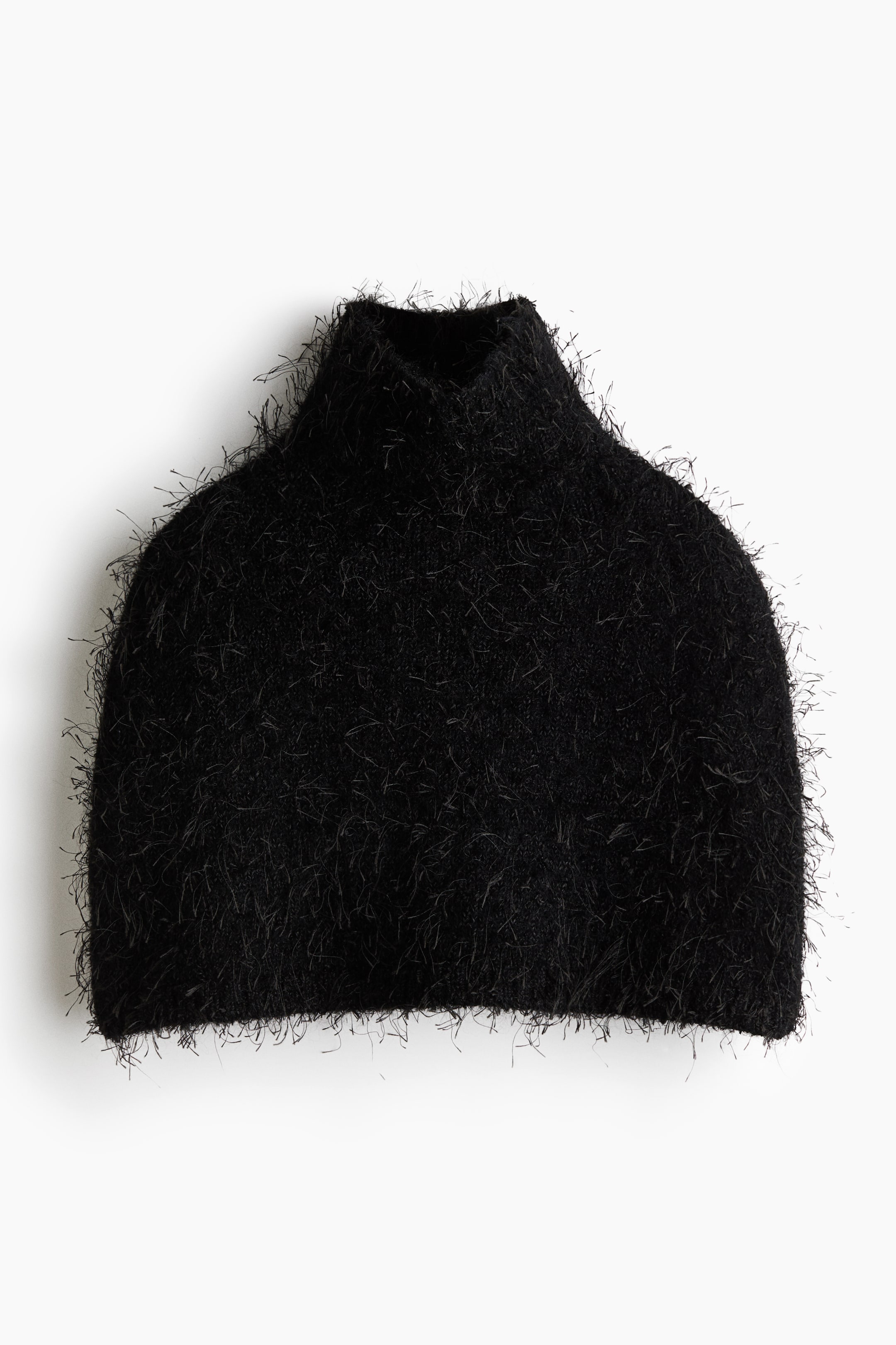 Ver imagem maior: Um colete preto de malha com gola subida está a apresentar uma textura felpuda e irregular, numa vista frontal. A peça sem mangas mostra uma gola alta tipo mock-neck e uma silhueta arredondada com bainha reta.