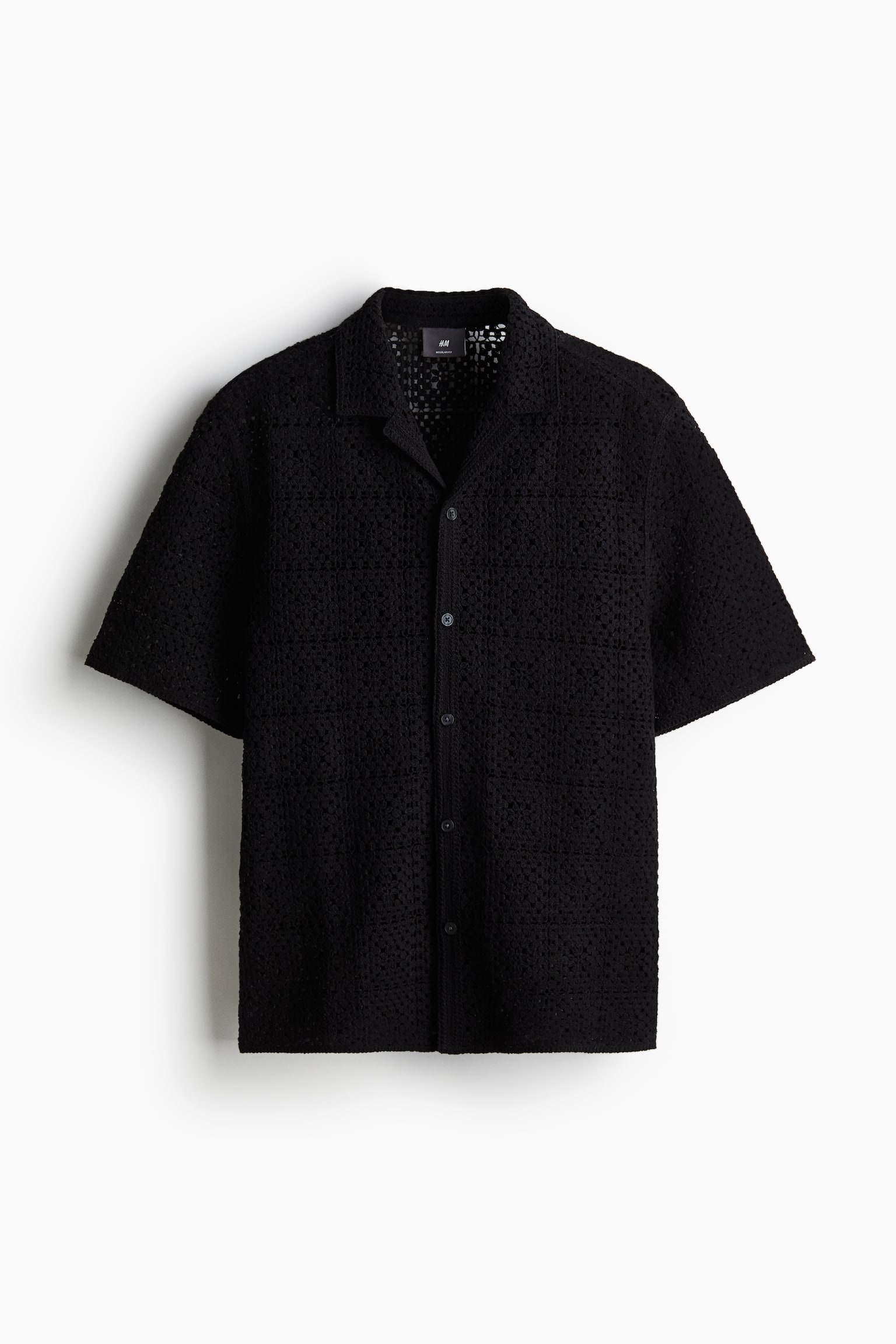 Regular Fit Crochet Look Resort Shirt - Black - 2