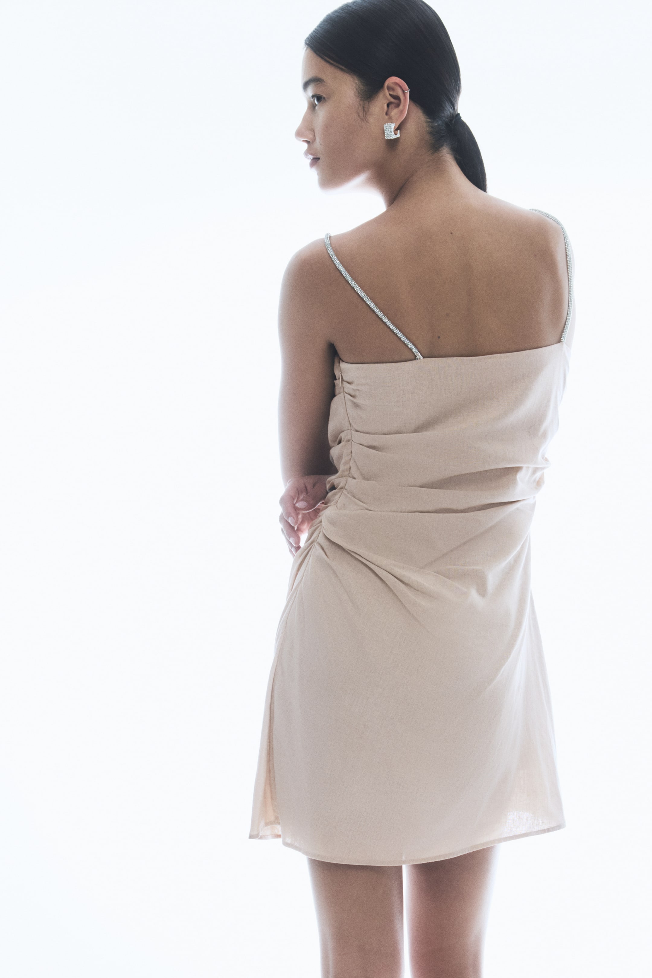 View larger image: Linen-blend rhinestone-strap dress - Light beige - Ladies | H&M AU 4