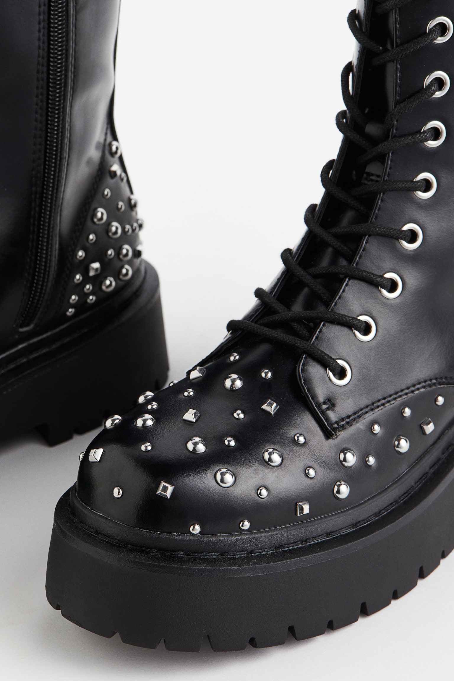 Studded Lace Up Boots - Black - 4