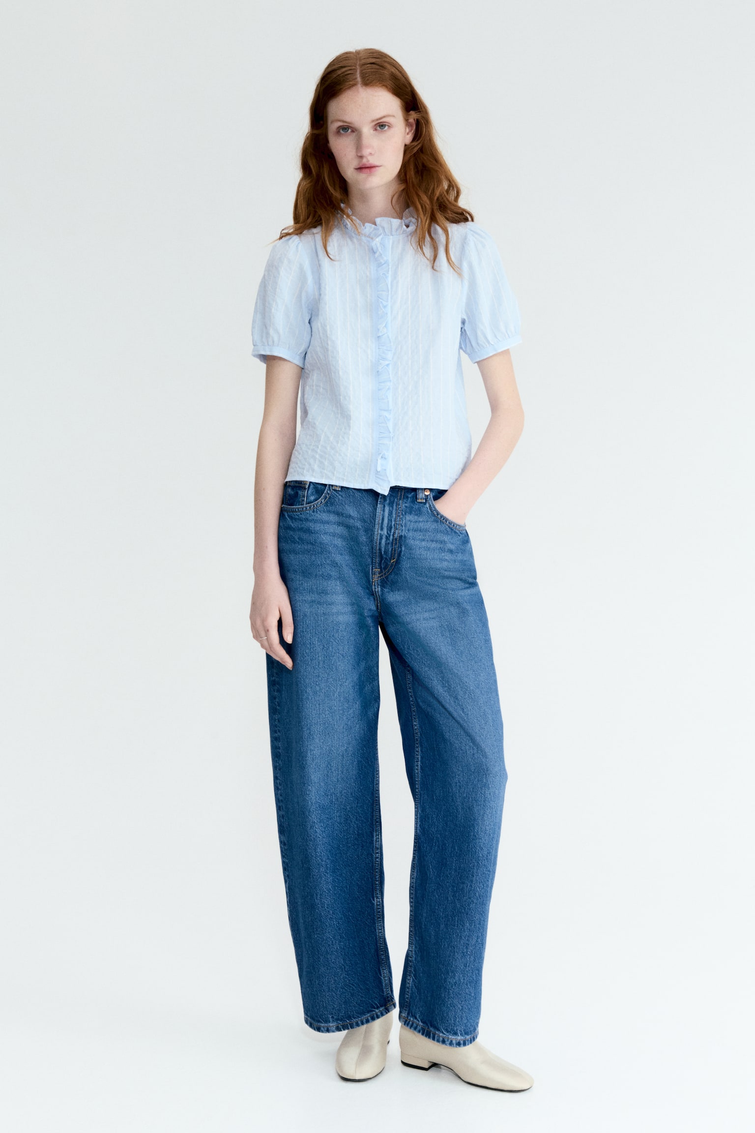 Blusa de algodón con borde de olán - Azul claro/Franjas - 5