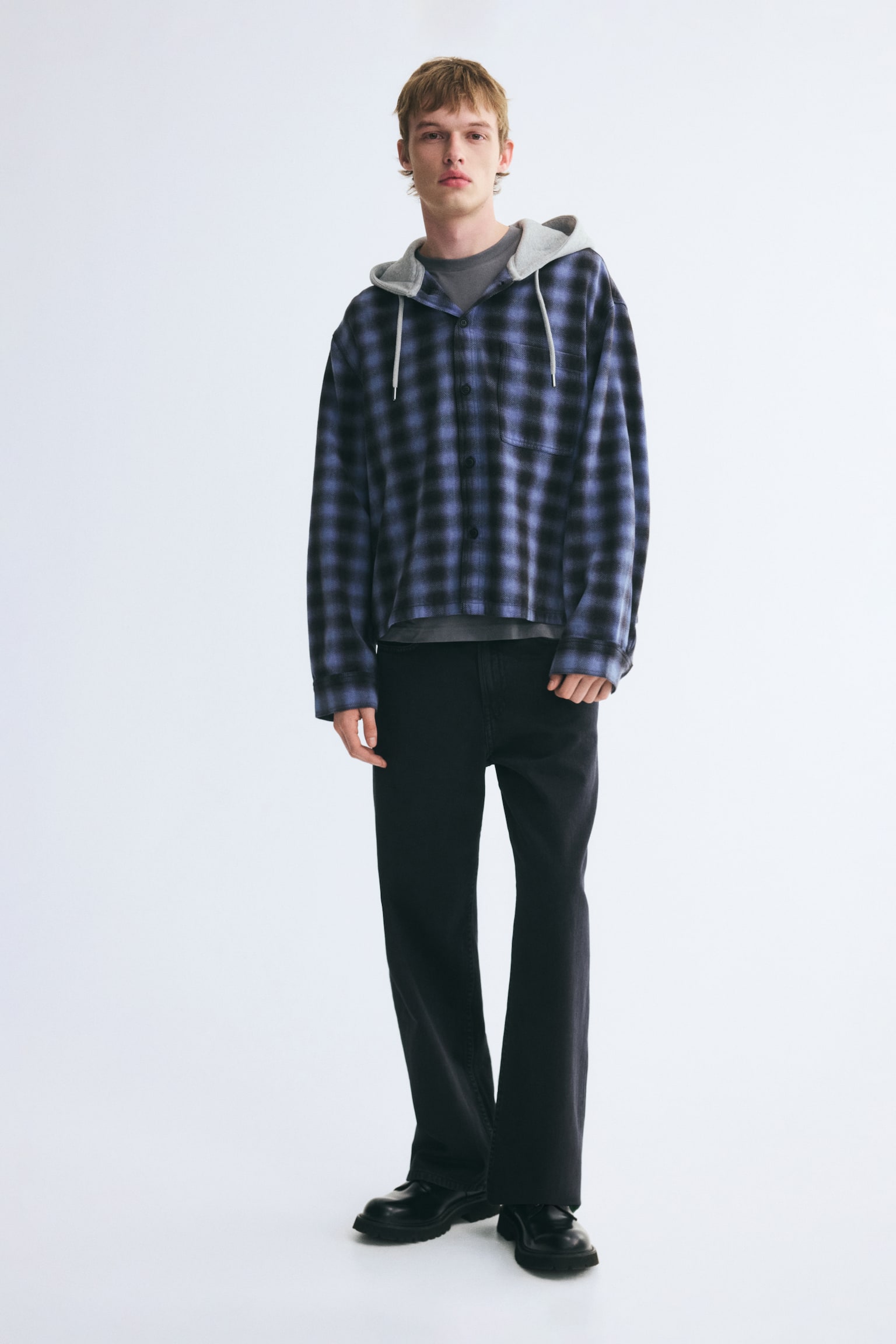 Мужская рубашка H&M Hooded Overshirt, цвет: Тёмный синий / Клетчатый — фото 3