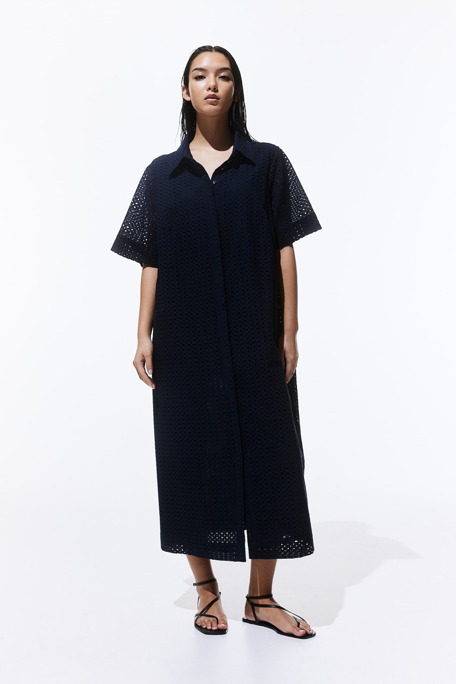 Broderie anglaise shirt dress - Navy blue/White - 5