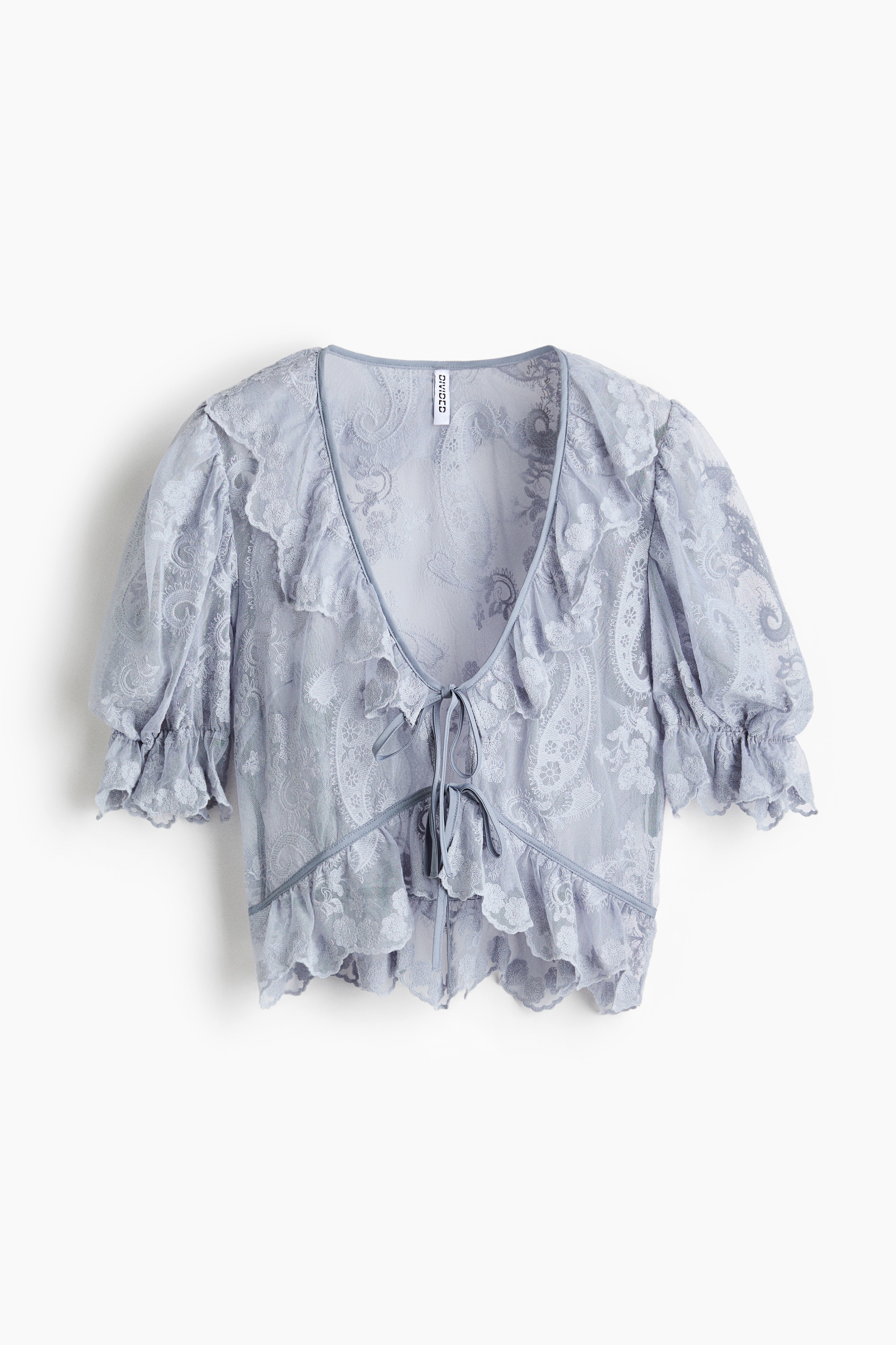 Embroidered Flounced Blouse - Light blue