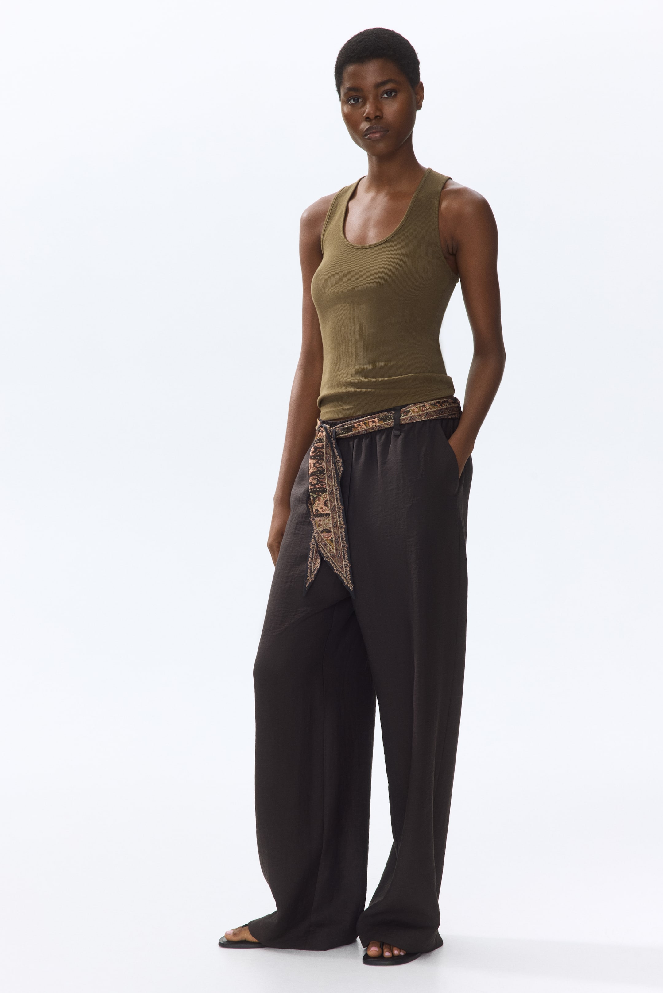 Scarf-Detail Linen-Blend Pants