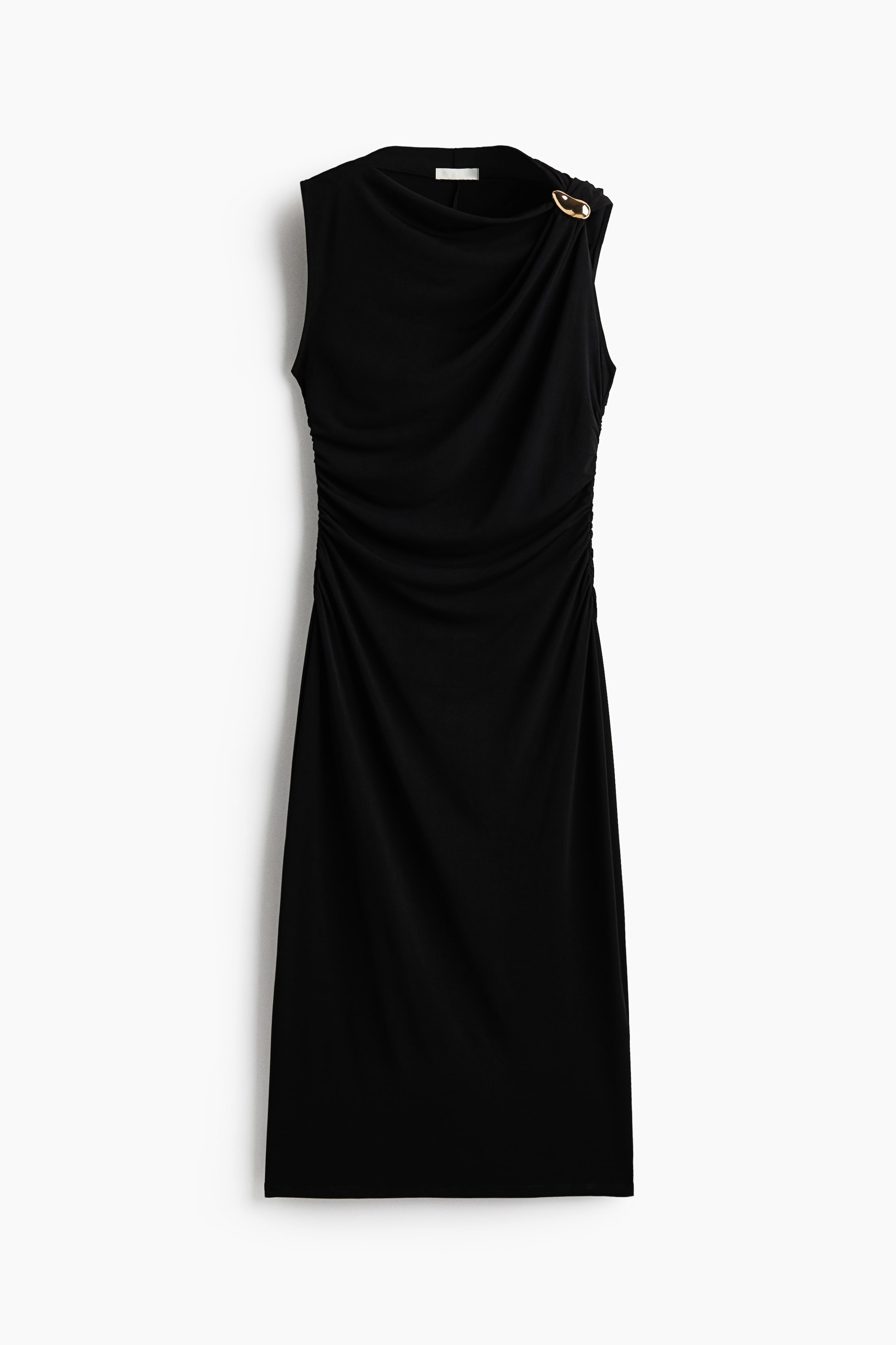 View larger image: A black sleeveless midi dress is hanging front-facing, featuring a draped cowl neckline accented by a sculptural gold-tone metal element on the left shoulder. The dress features ruched detailing along the side seams, creating soft, elegant folds across the bodice and waist.