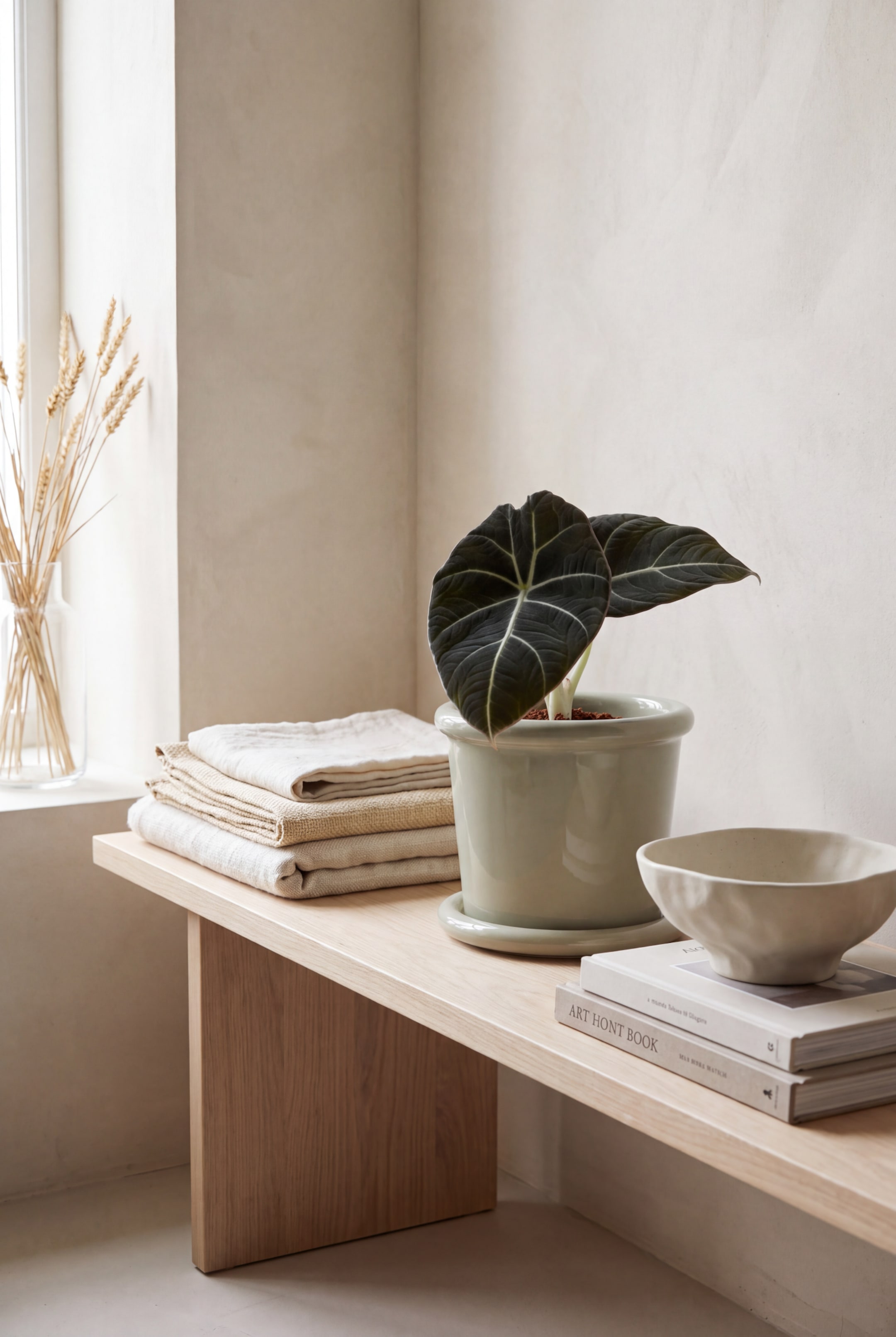 Größeres Bild anzeigen: Ein glänzender, hellsalbeigrüner Keramik-Pflanztopf mit passender Untertasse hält eine Alocasia-Pflanze mit großen, dunkelgrünen Blättern und markanten weißen Blattadern. Der zylindrische Pflanztopf verfügt über eine glatte, glasierte Oberfläche und einen leicht ausgestellten, abgerundeten Rand und steht sicher auf der flachen, runden Untertasse.