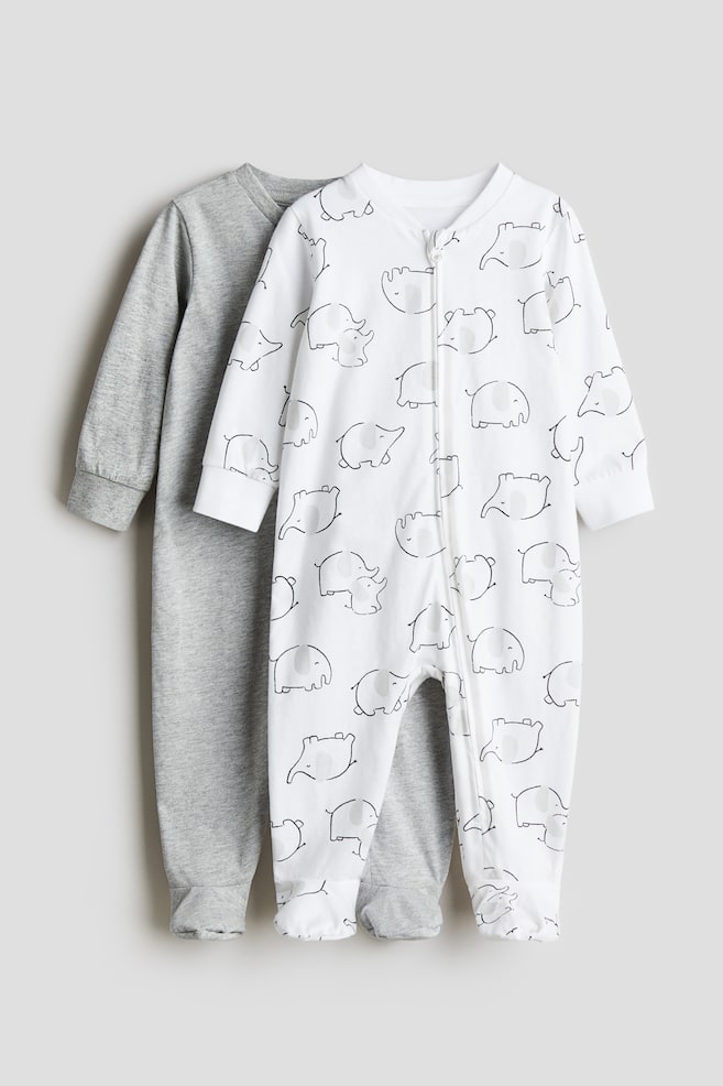 2-pack Zip-up Pajama Jumpsuits - Light gray/elephants/Light gray/teddy bears/Light purple/bows - 1