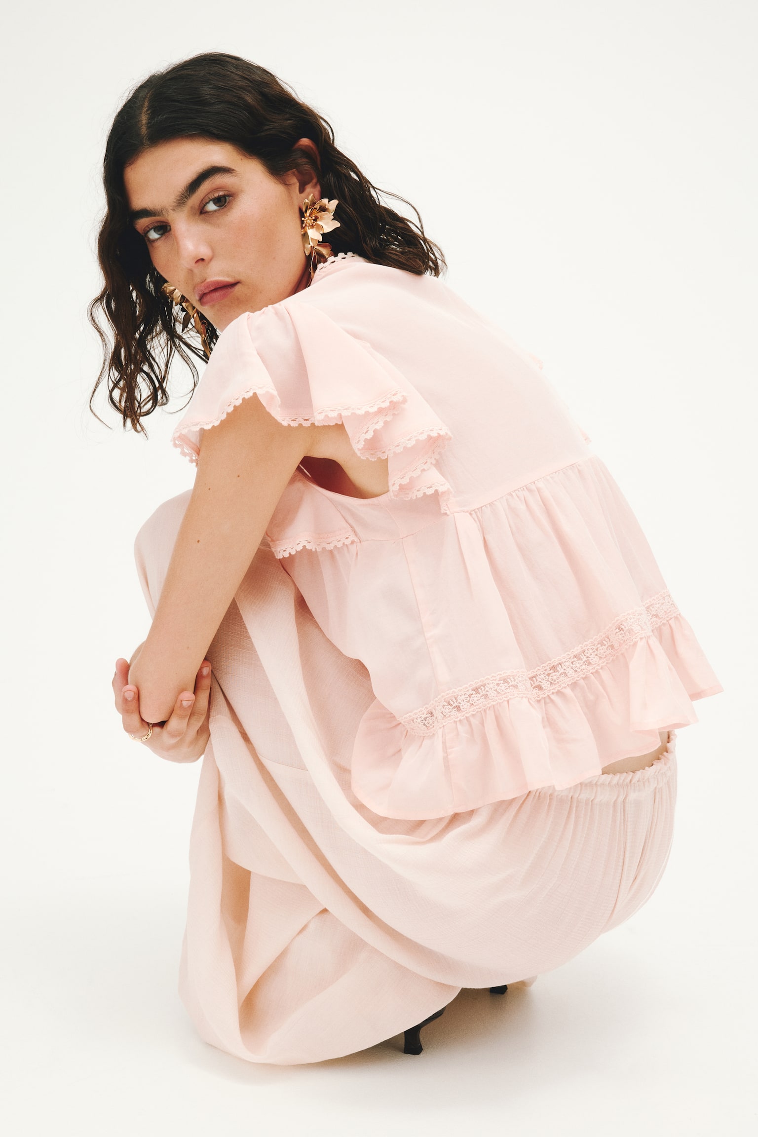 חולצה עם עיטורי תחרה - ורוד אפרסק בהיר - 5